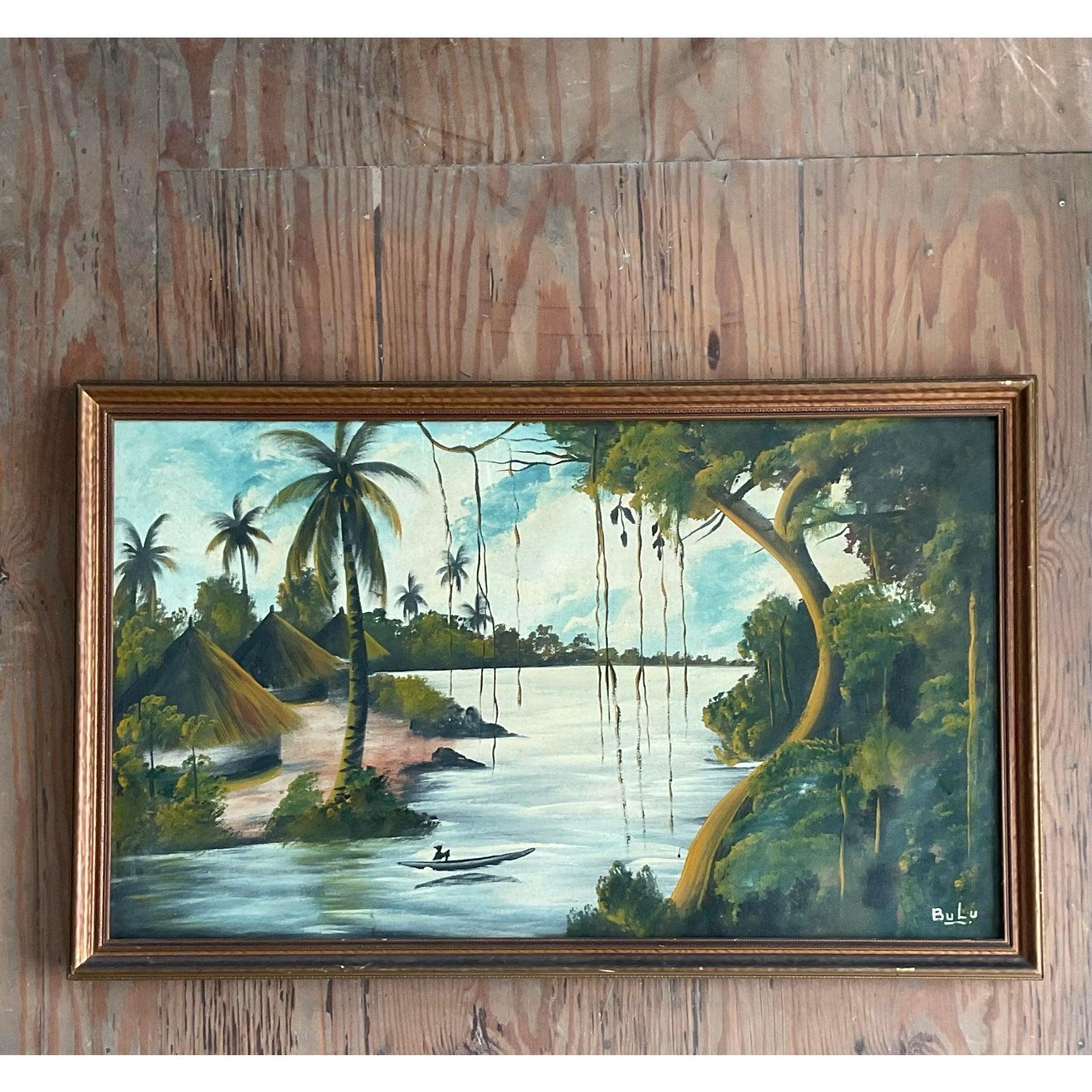 Vintage Boho Original Everglades Öl-Landschaft auf dem Brett (amerikanisch) im Angebot