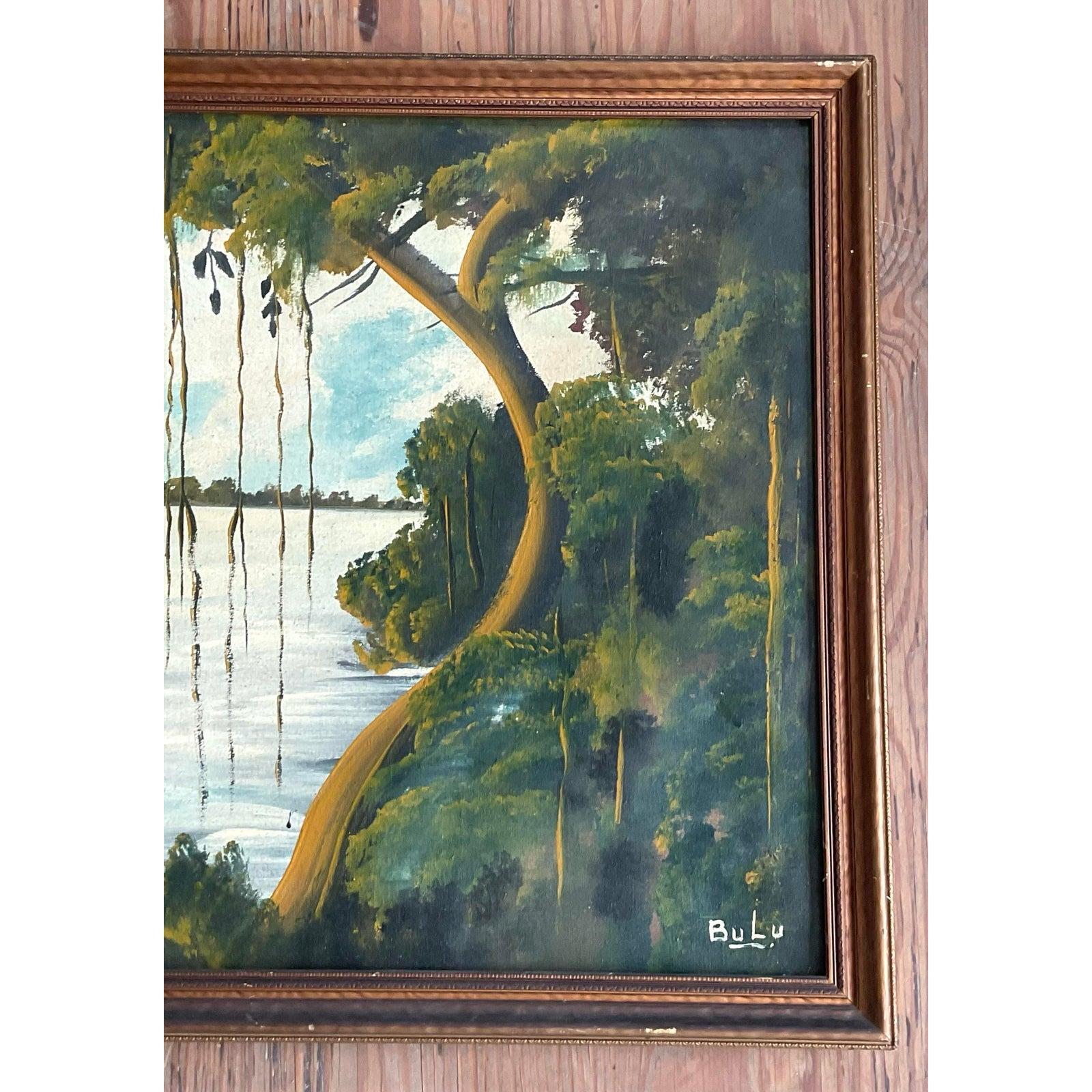 Vintage Boho Original Everglades Öl-Landschaft auf dem Brett (20. Jahrhundert) im Angebot