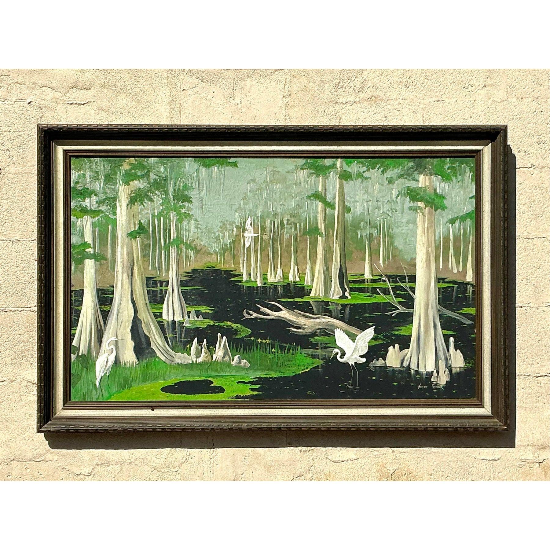 Vintage Boho Original Everglades, Öl-Landschaft auf Leinwand, Vintage im Angebot 6