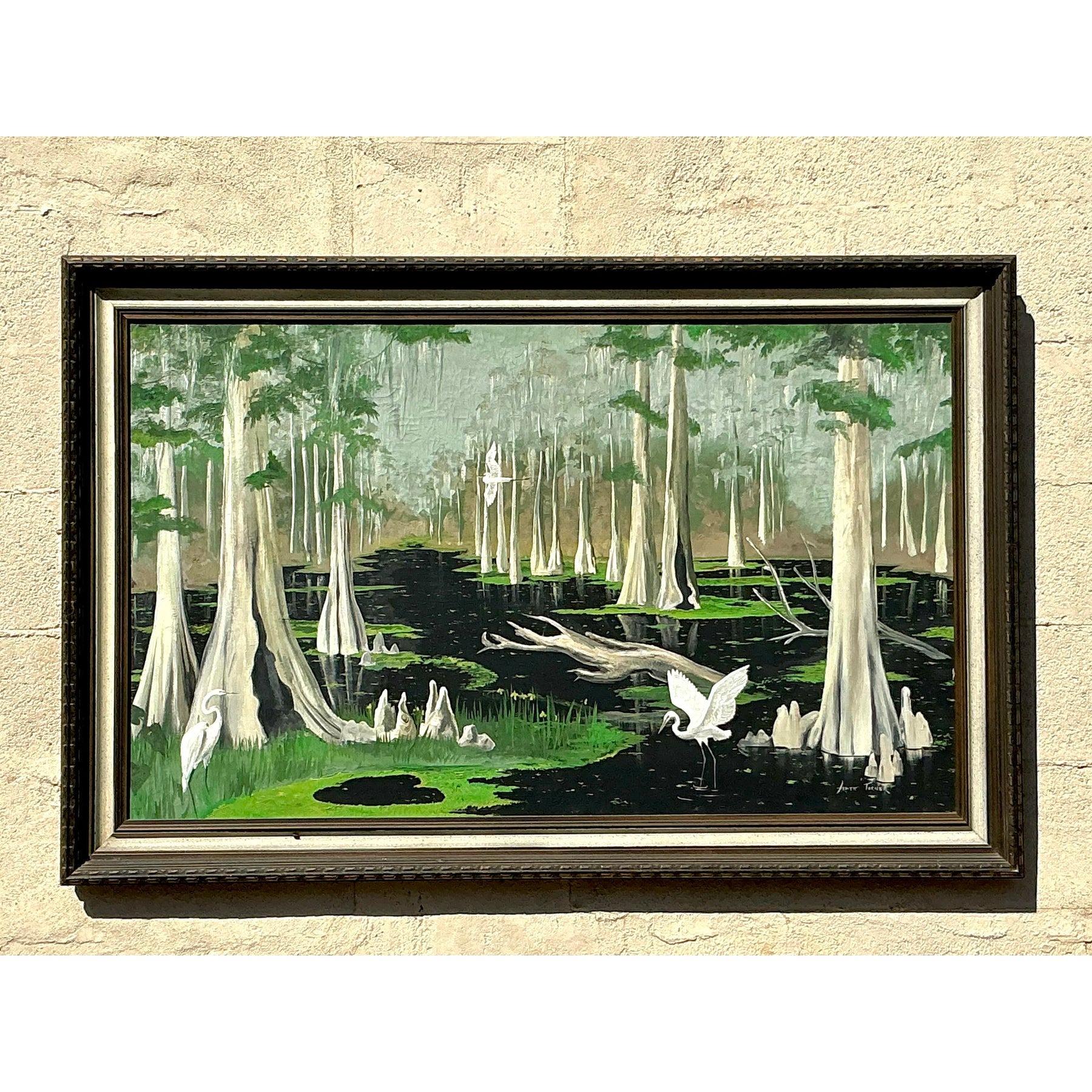 Vintage Boho Original Everglades, Öl-Landschaft auf Leinwand, Vintage im Angebot 7