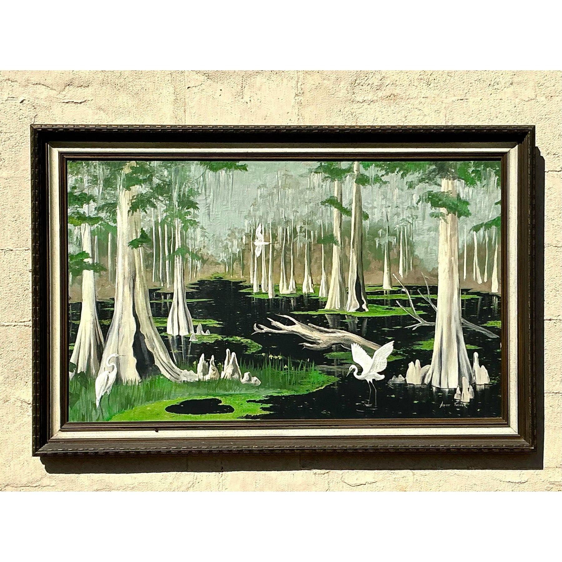 Tauchen Sie ein in die heitere Schönheit der Natur mit diesem atemberaubenden Ölgemälde im Vintage-Stil, das die berühmten Everglades zeigt. Dieses handgemalte Meisterwerk zeigt eine üppige Sumpfszene mit Zypressen, zarten Wasserspiegelungen und