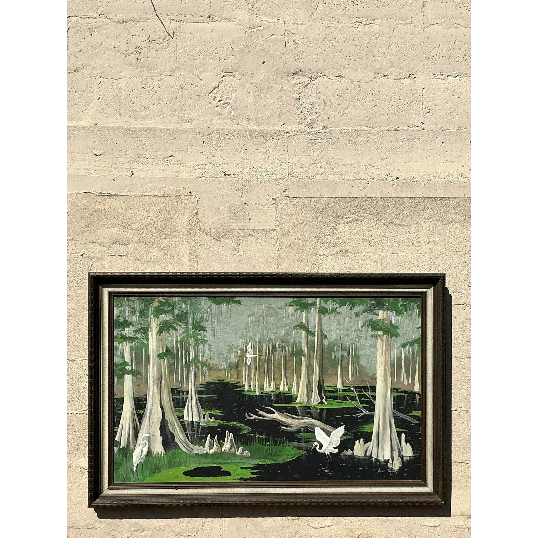 Vintage Boho Original Everglades, Öl-Landschaft auf Leinwand, Vintage (amerikanisch) im Angebot