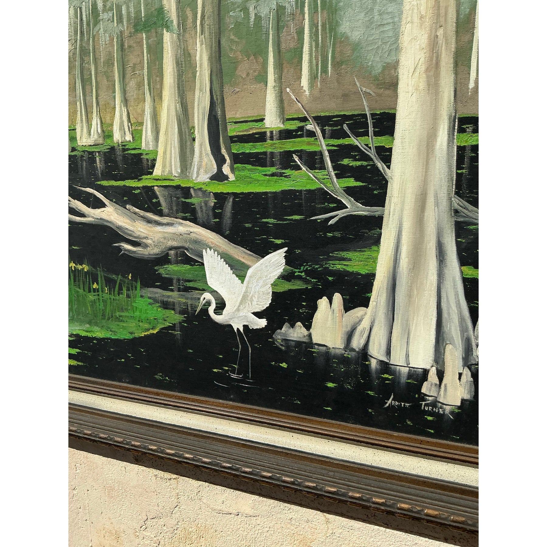 Vintage Boho Original Everglades, Öl-Landschaft auf Leinwand, Vintage (20. Jahrhundert) im Angebot