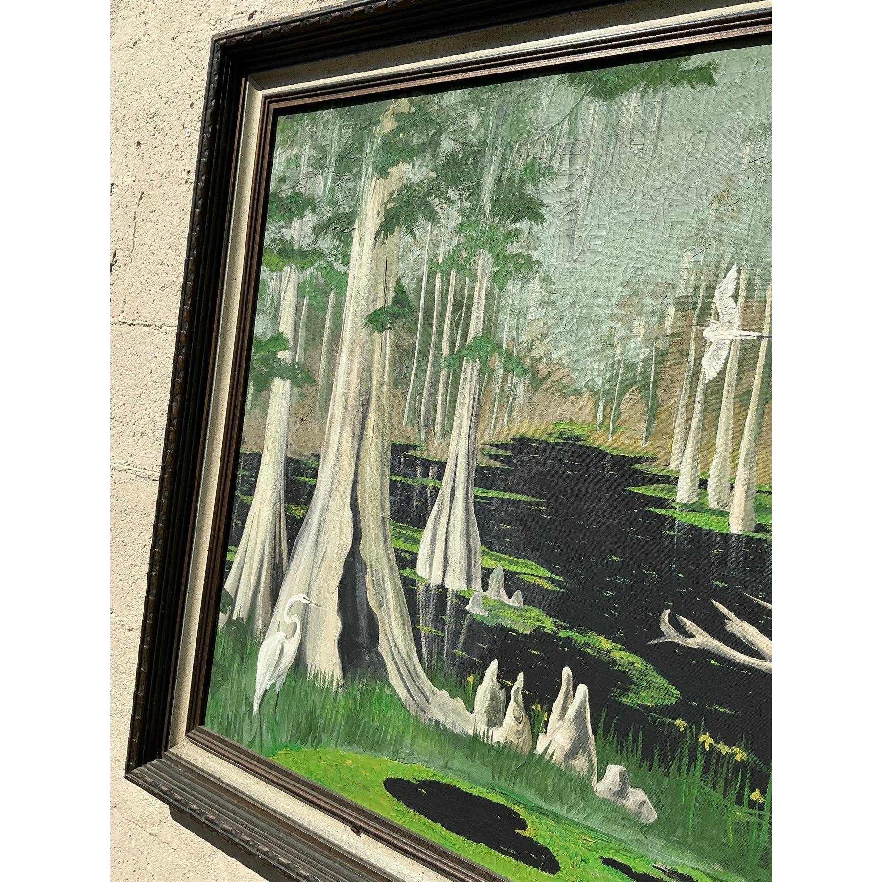 Vintage Boho Original Everglades, Öl-Landschaft auf Leinwand, Vintage im Angebot 2