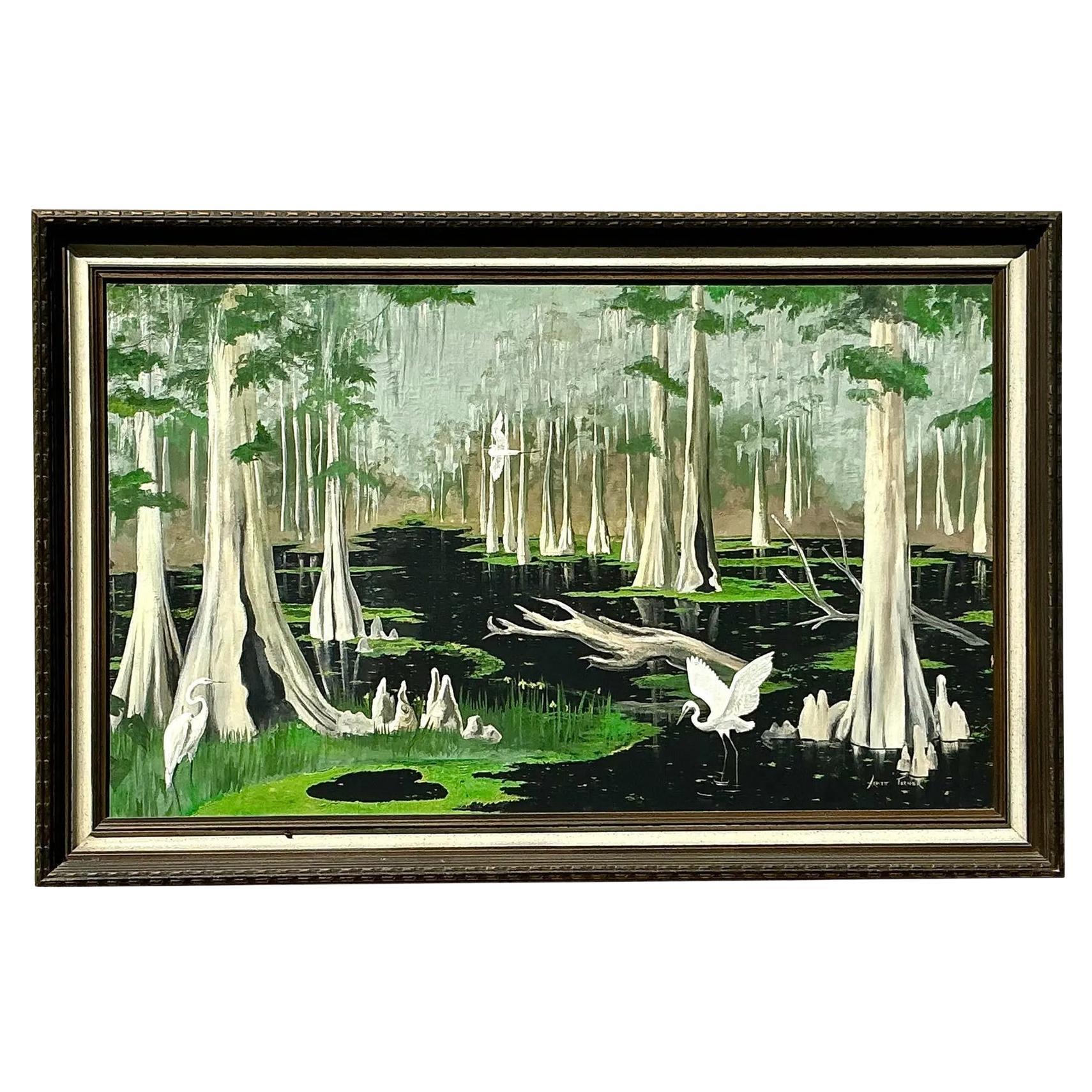 Vintage Boho Original Everglades Paisaje al óleo sobre lienzo