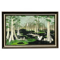 Vintage Boho Original Everglades Paisaje al óleo sobre lienzo
