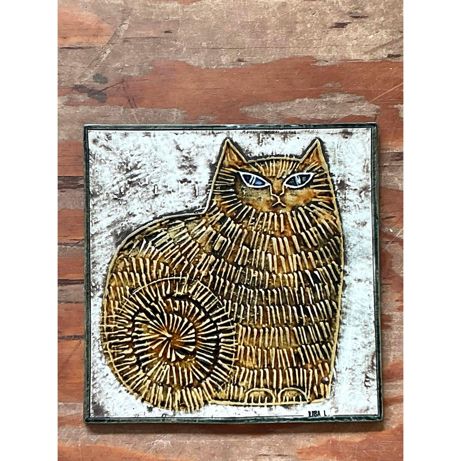 Scandinavian Modern Vintage Boho Original Fat Cat Studio Pottery Tile For Sale