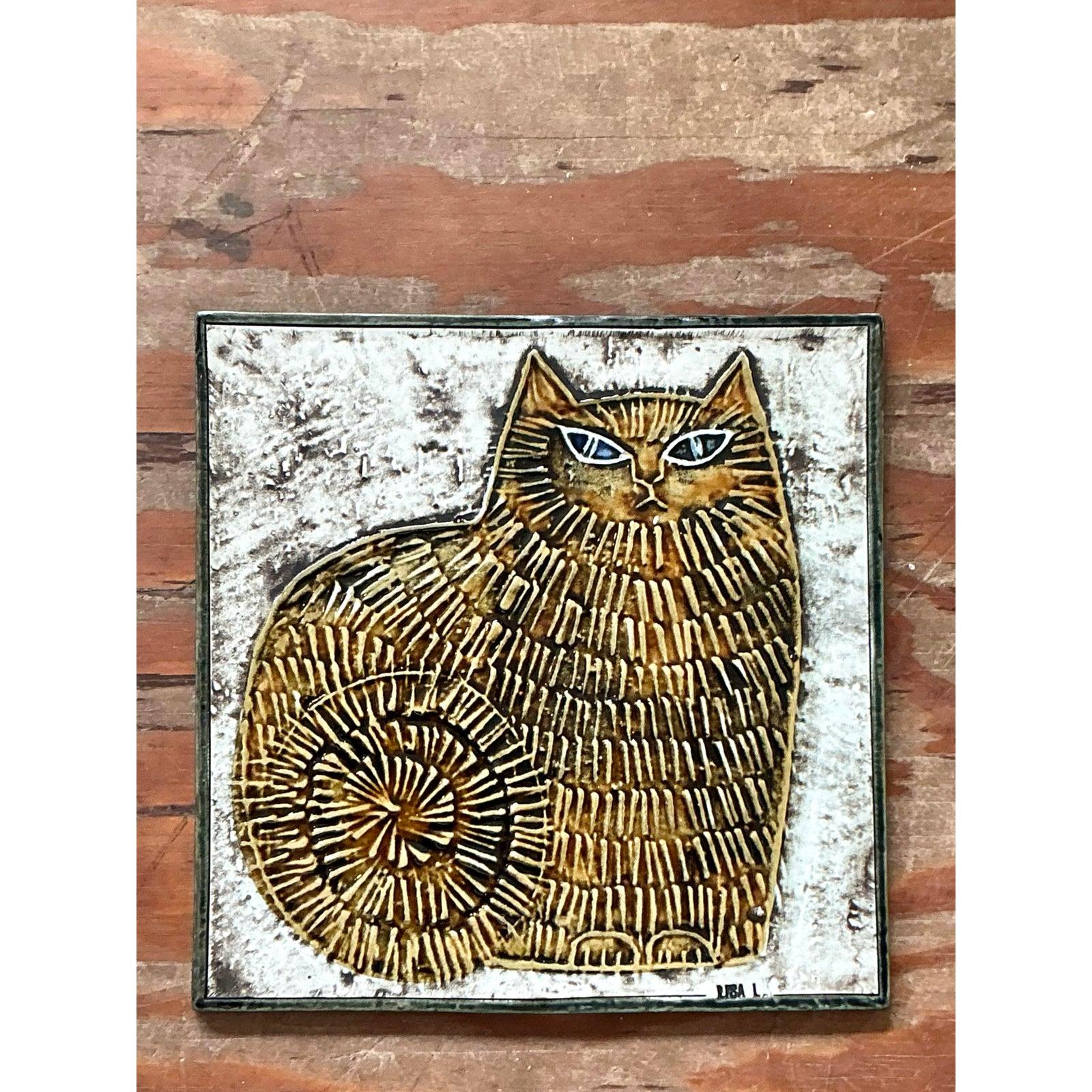 Vintage Boho Original Fat Cat Studio Pottery Tile In Good Condition For Sale In West Palm Beach, FL