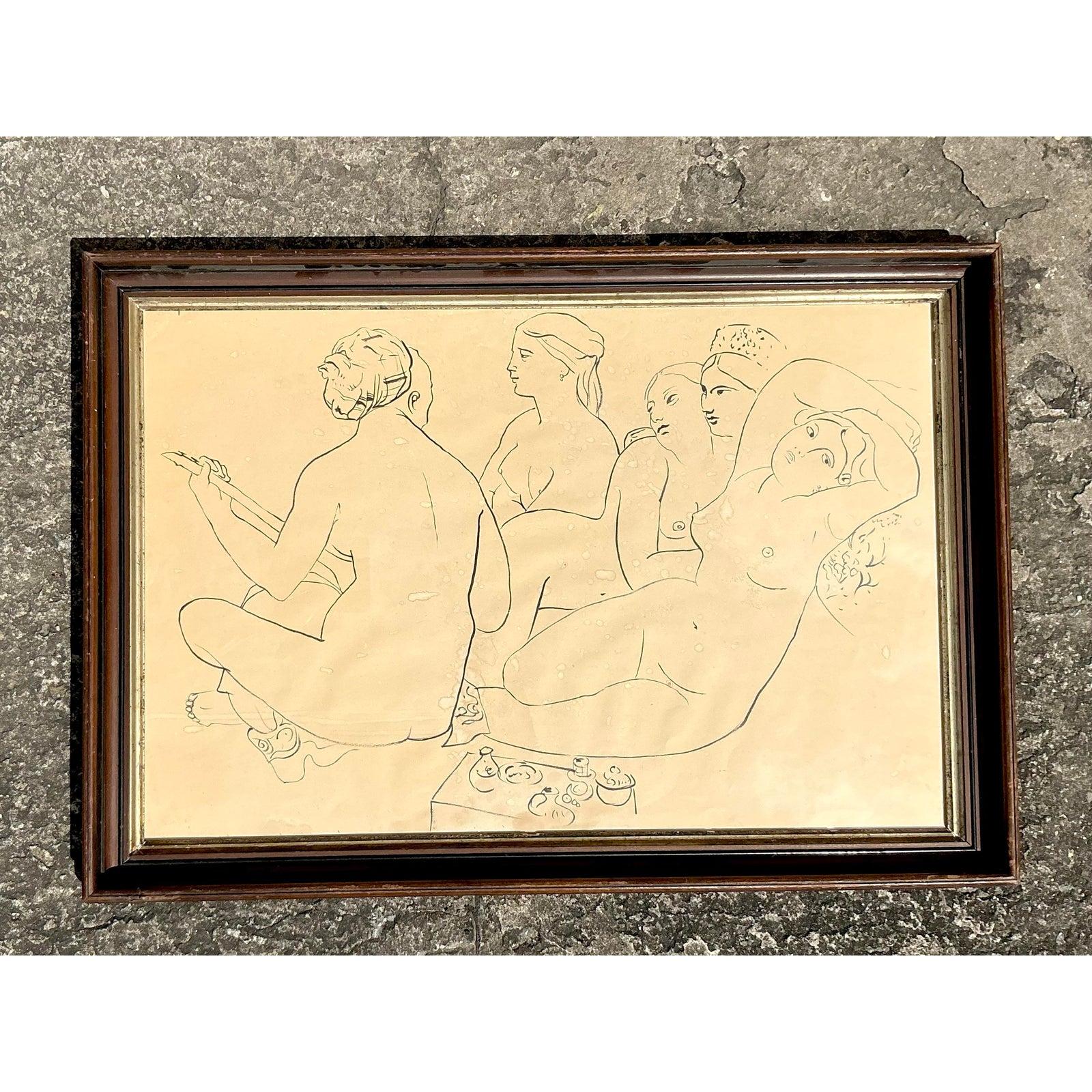 Este dibujo a tinta figurativo boho vintage es una cautivadora celebración del movimiento, la forma y la expresión artística. Con un grupo de figuras reclinadas y sentadas representadas con líneas de tinta fluidas y expresivas, esta pieza desprende