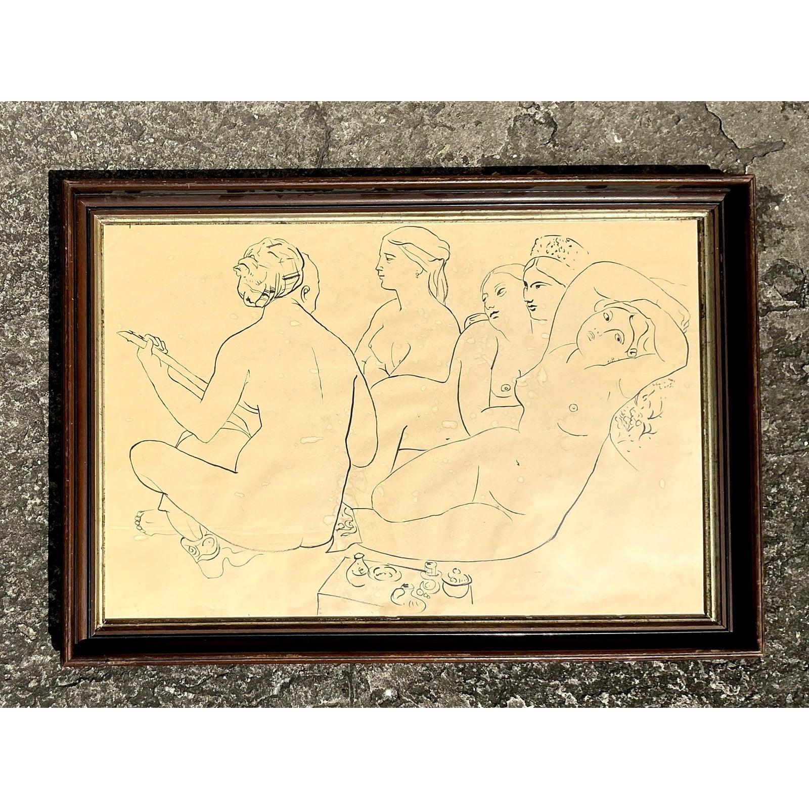 Vintage Boho Dibujo figurativo original a tinta sobre papel Estadounidense en venta