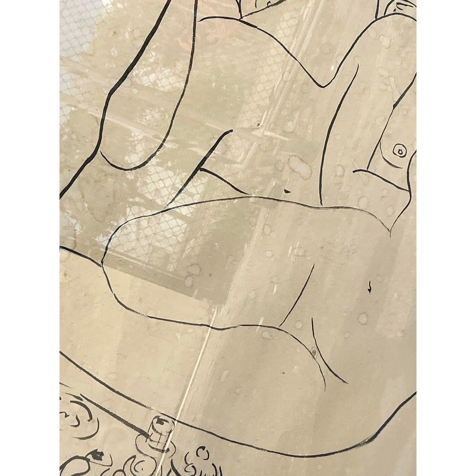 Vintage Boho Dibujo figurativo original a tinta sobre papel en venta 2