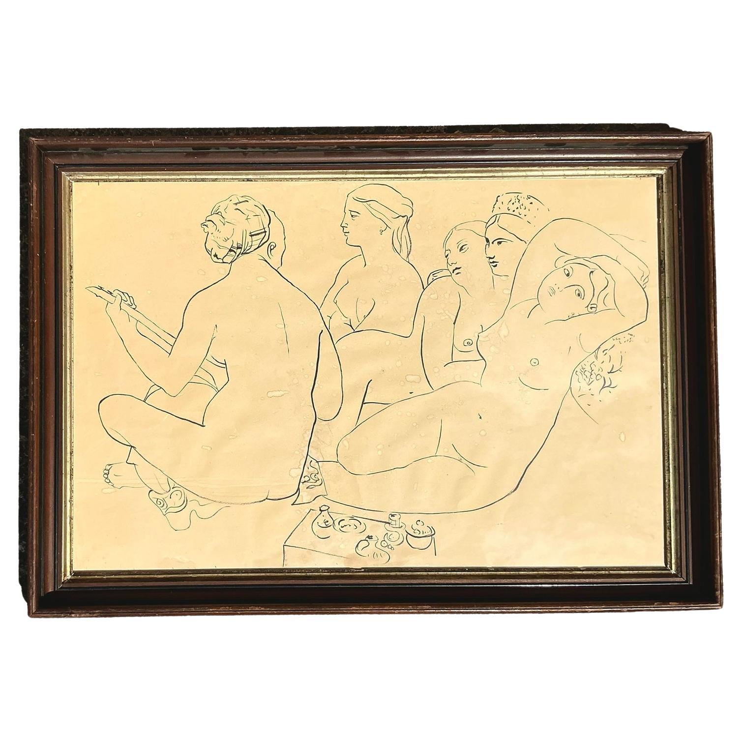 Disegno figurativo originale Boho d'epoca su carta