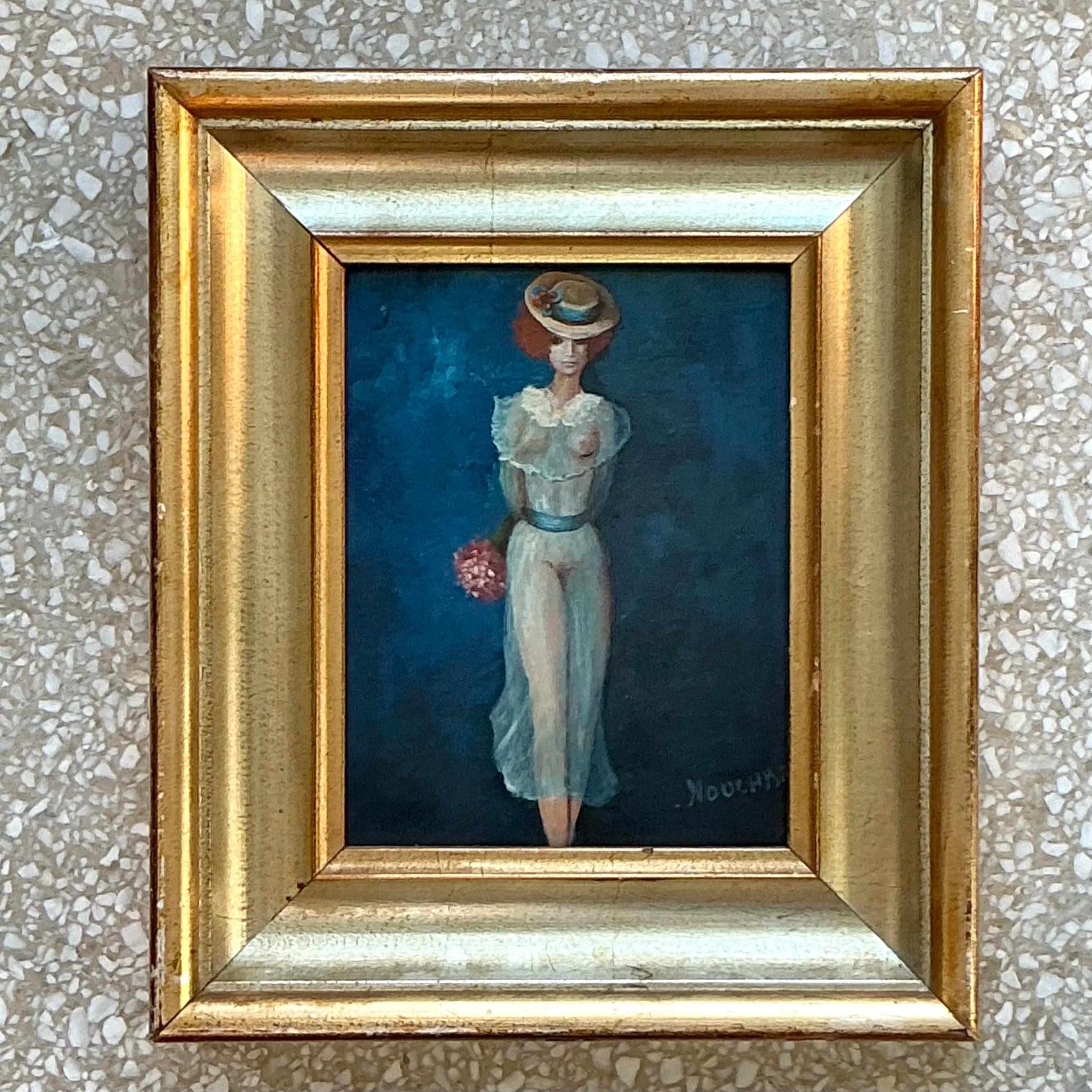 Vintage Boho Original Figurative Öl auf Leinwand im Zustand „Gut“ im Angebot in West Palm Beach, FL