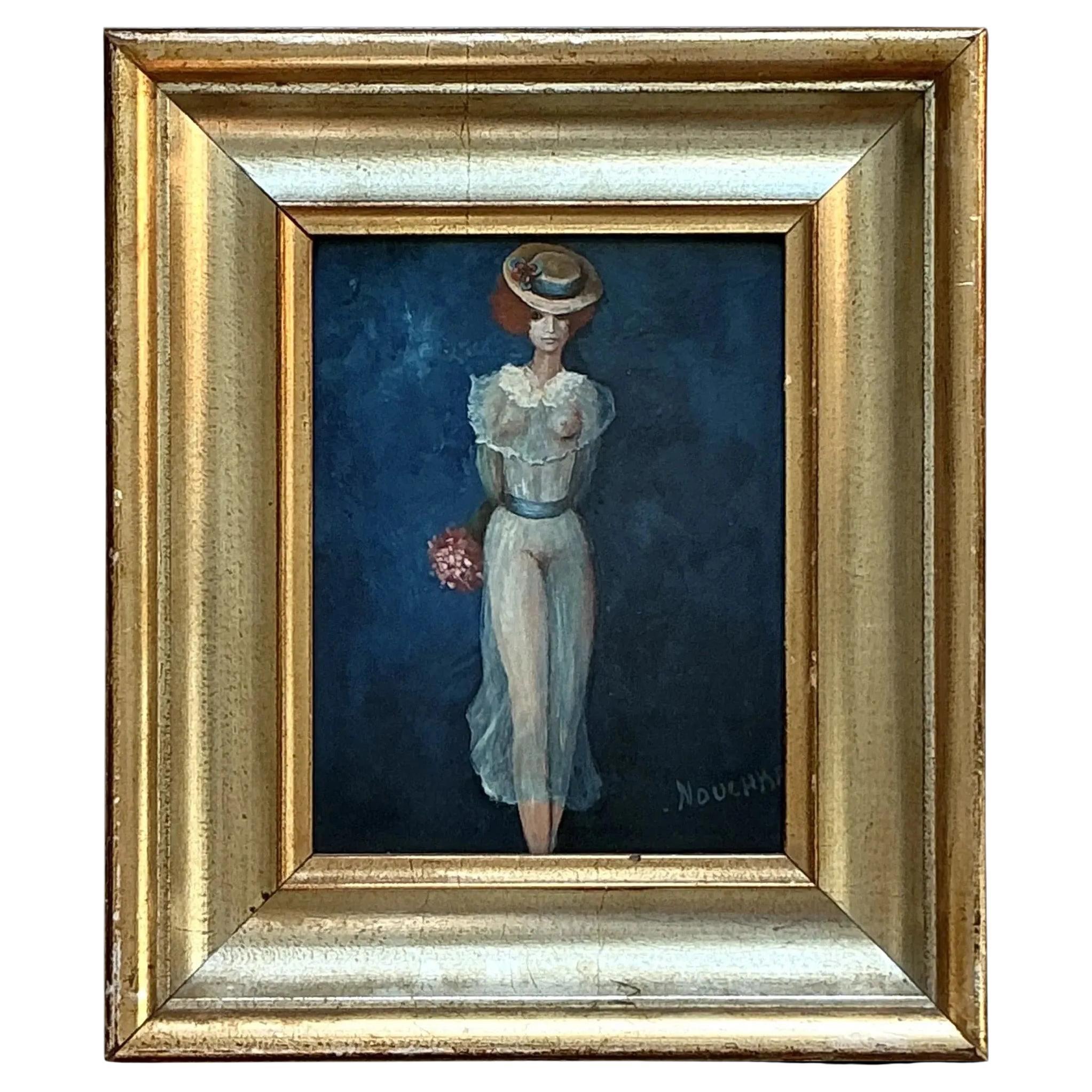 Vintage Boho Original Figurative Oil on Canvas