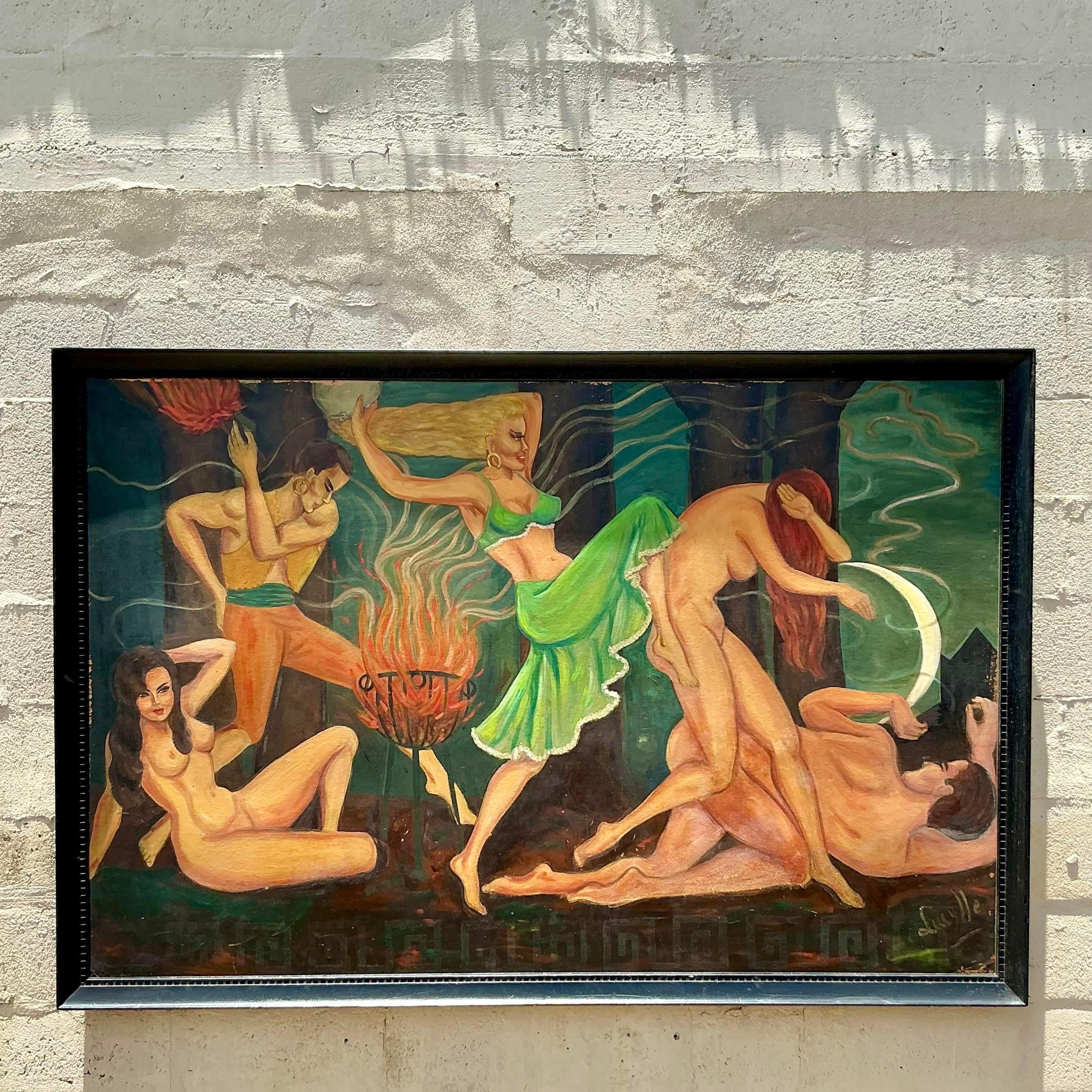 Vintage Boho Original Figurative Ölgemälde auf Karton im Zustand „Gut“ im Angebot in West Palm Beach, FL