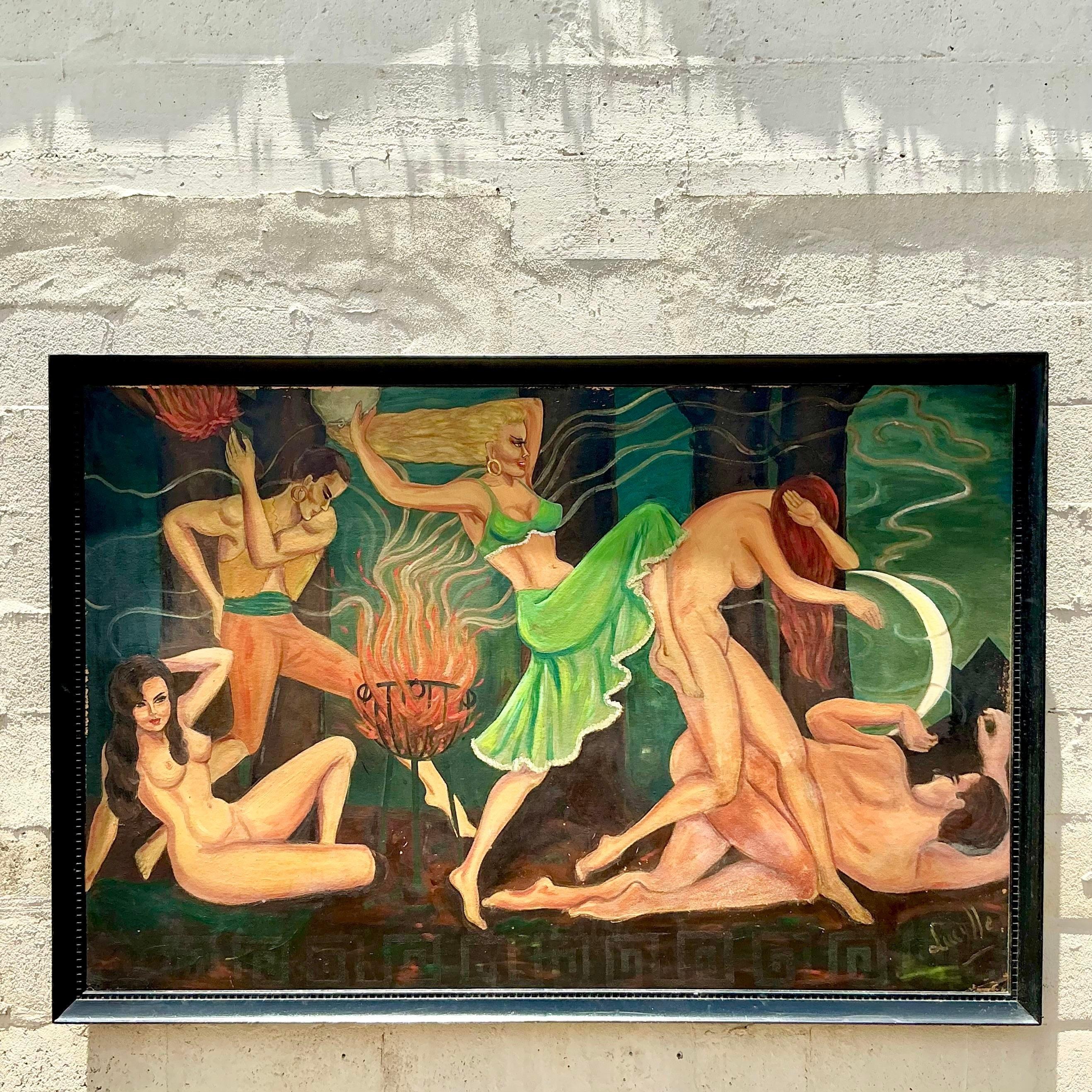 Vintage Boho Original Figurative Ölgemälde auf Karton (20. Jahrhundert) im Angebot