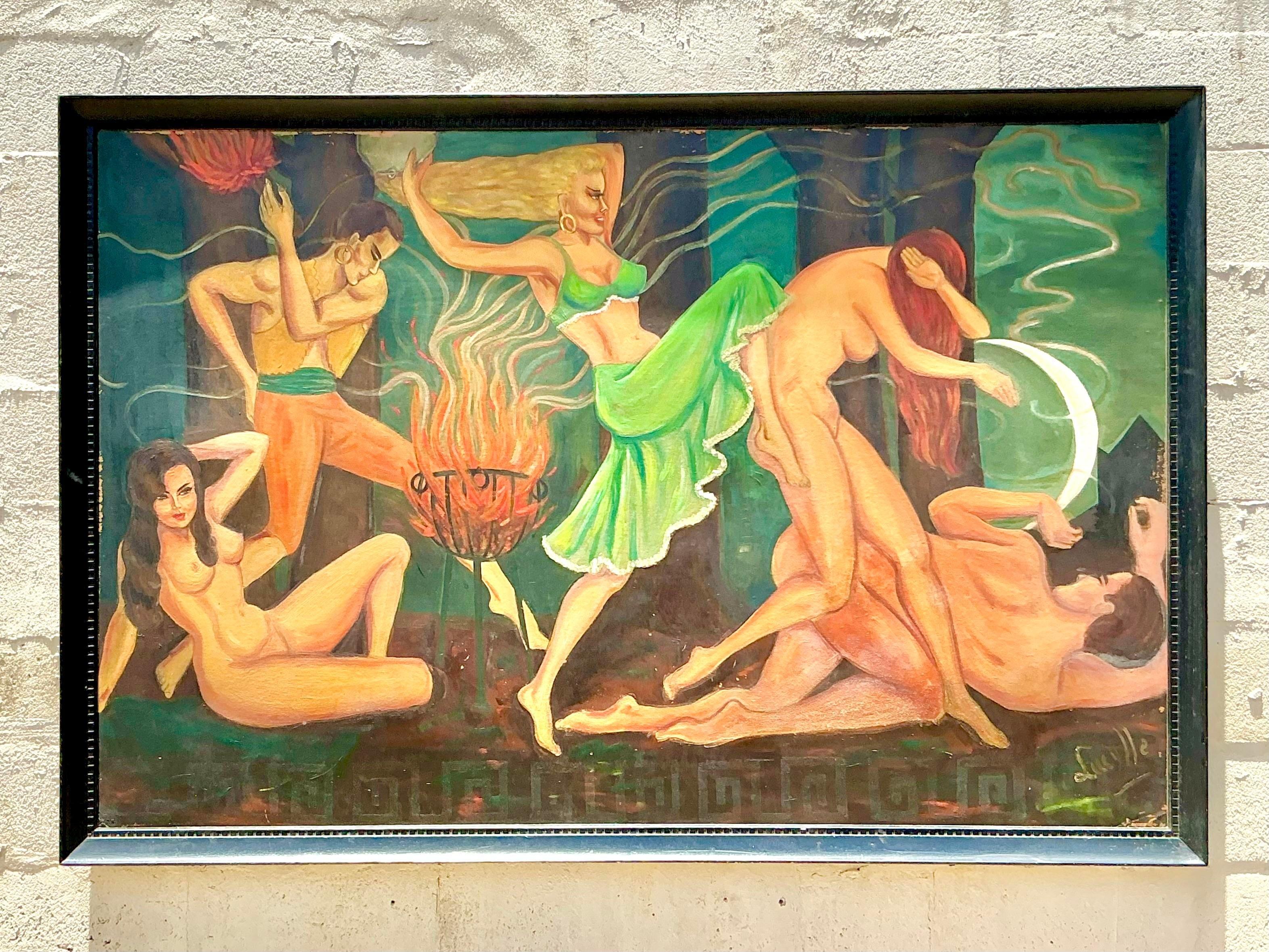 Vintage Boho Original Figurative Ölgemälde auf Karton (Holz) im Angebot