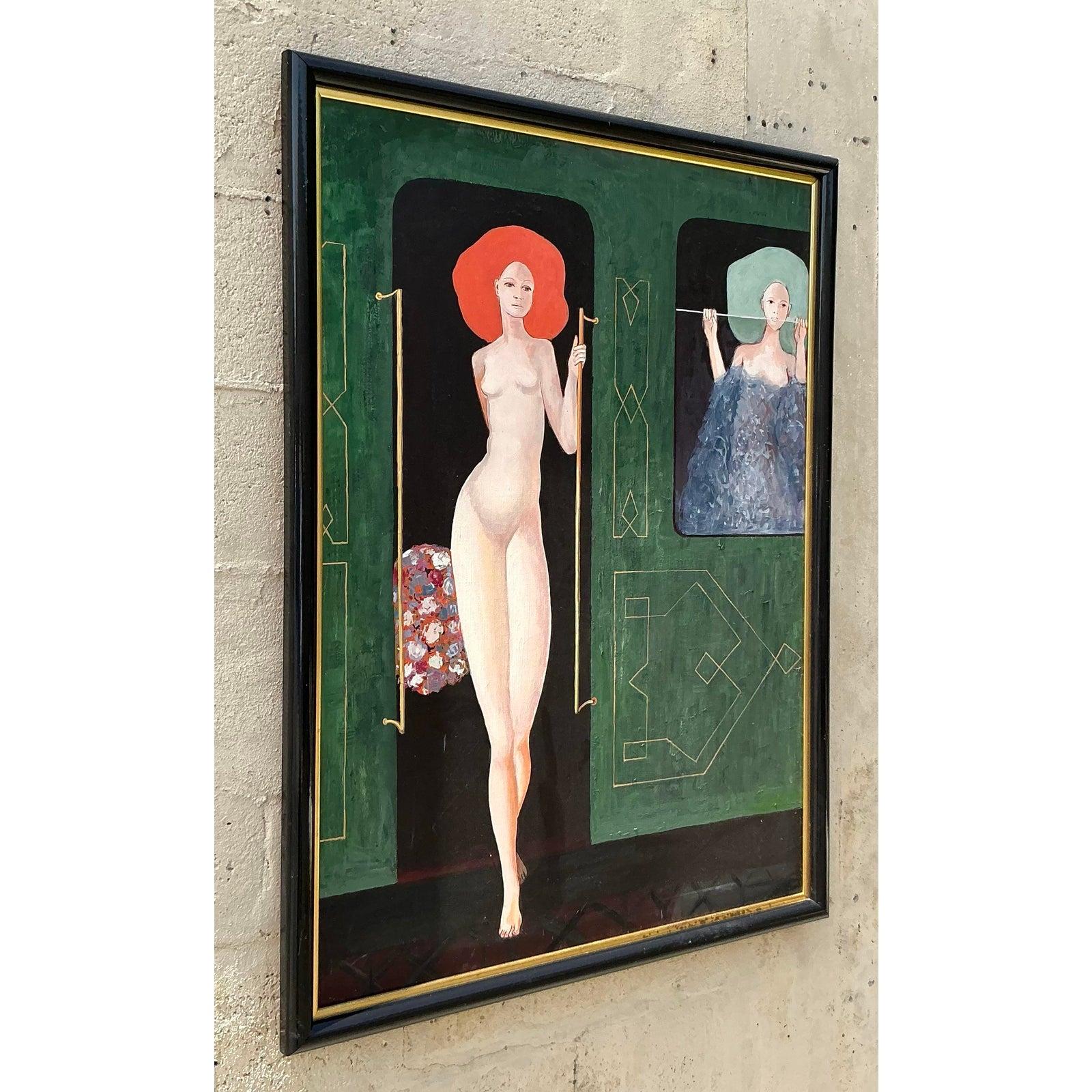 Vintage Boho Original figurative Ölgemälde auf Leinwand im Angebot 4