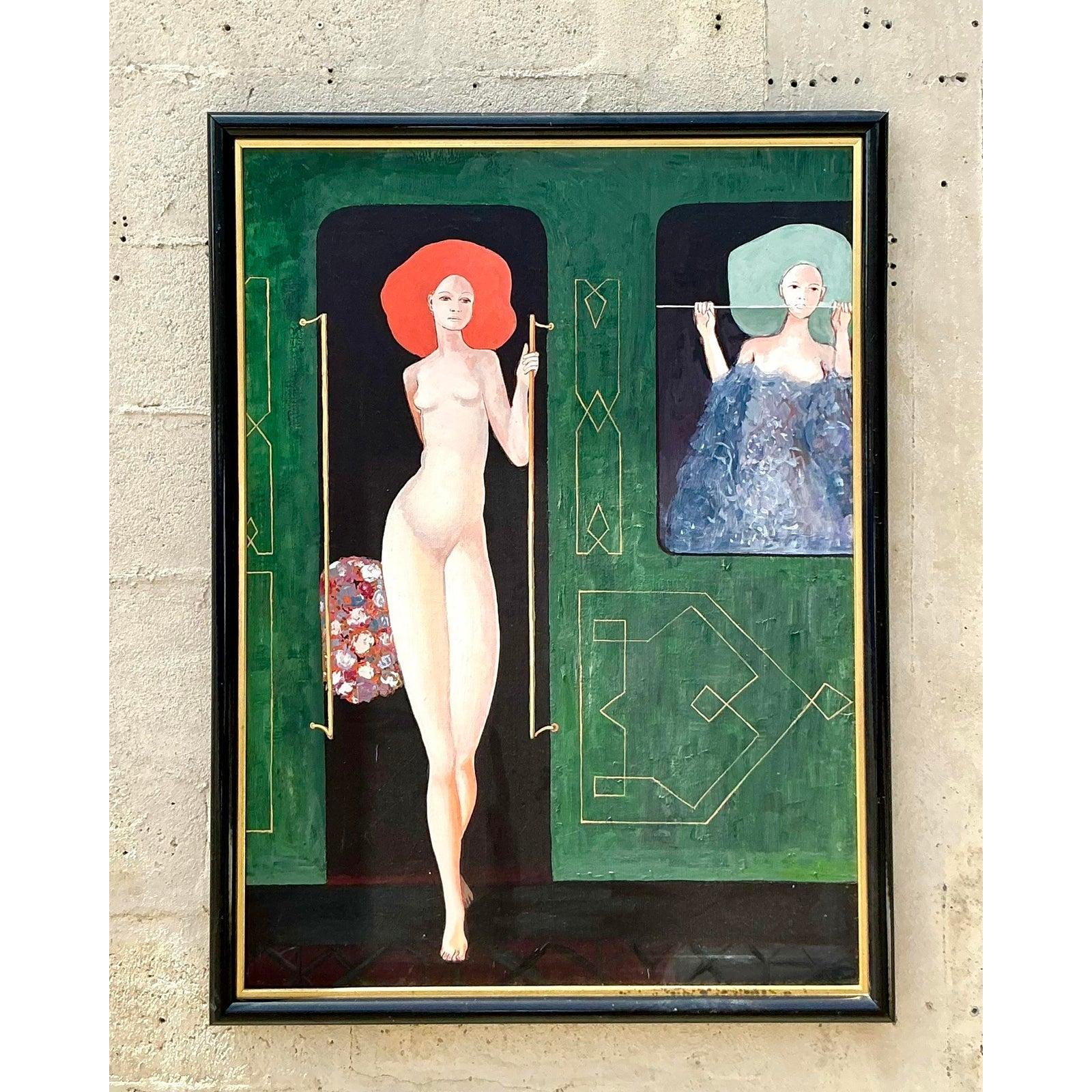 Vintage Boho Original figurative Ölgemälde auf Leinwand im Angebot 5