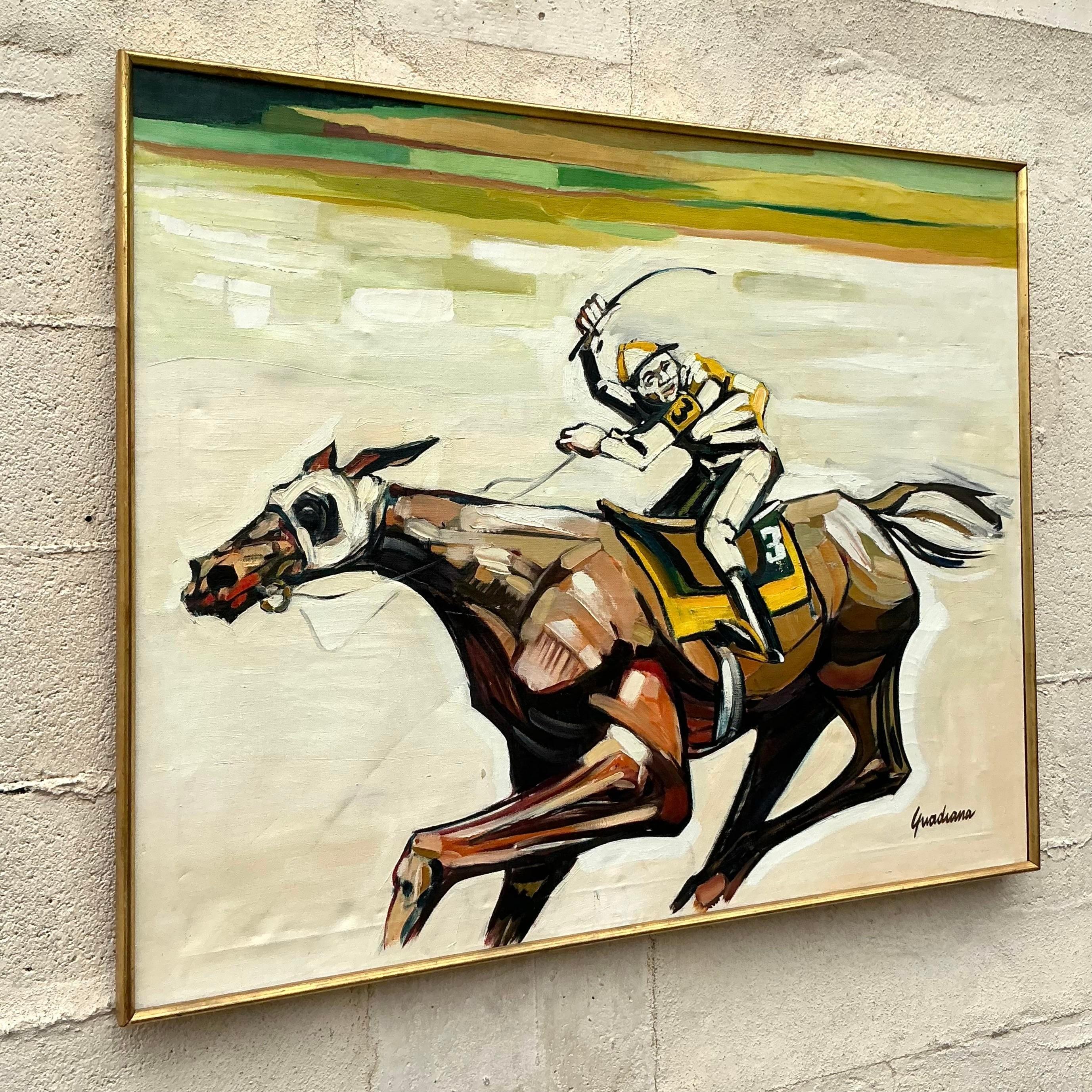 Dieses fesselnde Vintage-Ölgemälde zeigt eine dynamische Szene eines Jockeys beim Pferderennen und fängt die Energie und Bewegung des Moments mit ausdrucksstarken Pinselstrichen und leuchtenden Farben ein. Die Verwendung kühner Linien und fließender