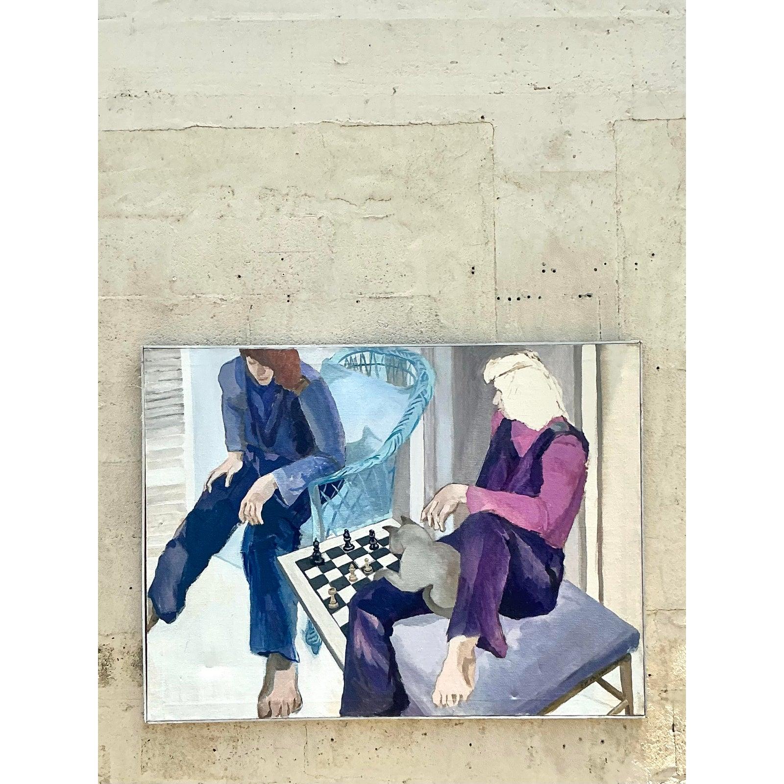 Immerse yourself in the quiet intensity of human connection with this captivating Vintage Original Figurative Oil Painting on Canvas. This unique artwork, steeped in bohemian spirit, depicts two figures engrossed in a game of chess, rendered with a