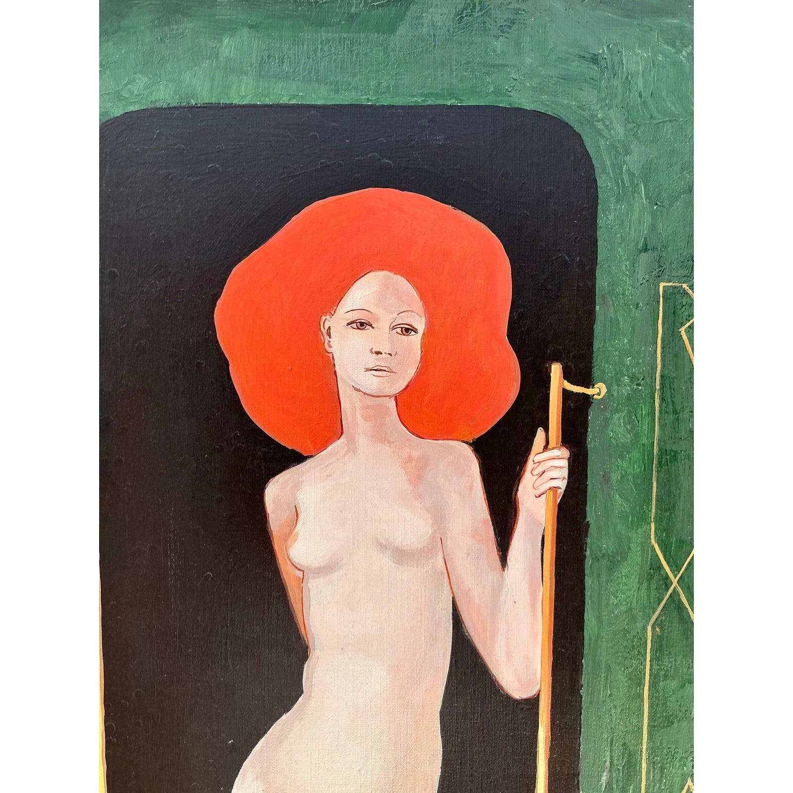 Step into a world of evocative allure with this captivating Vintage Original Figurative Oil Painting on Canvas. This truly distinctive artwork features a striking composition, depicting a graceful nude figure with fiery red hair standing before a