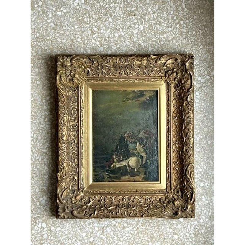 Uncover a dramatic masterpiece with this Vintage Original Figurative Oil Painting on Canvas, a captivating work of art steeped in historical allure. This extraordinary piece presents a rich, dark, and deeply evocative scene, possibly depicting a
