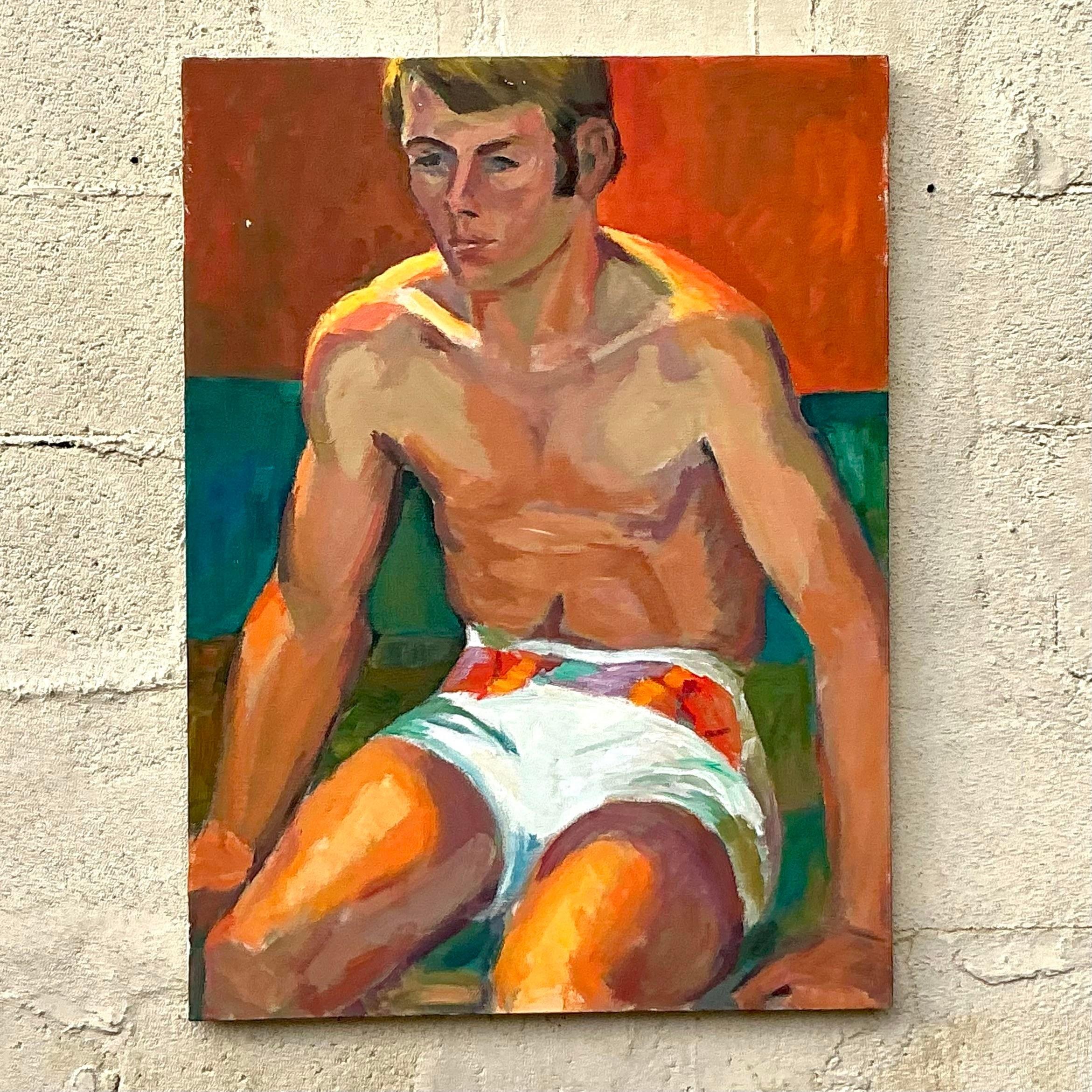 Vintage Boho Original figurative Ölgemälde auf Leinwand (amerikanisch) im Angebot