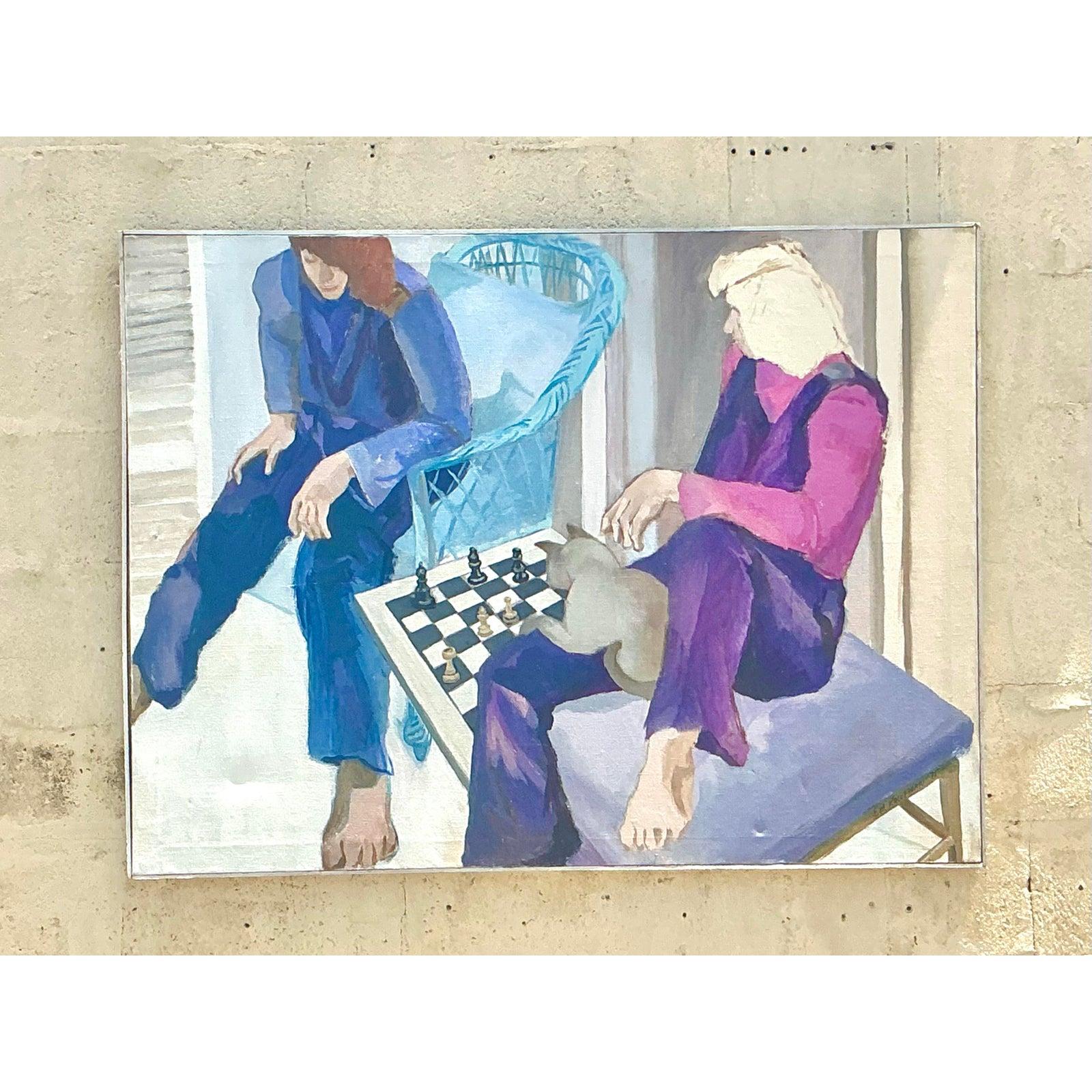 Vintage Boho Original figurative Ölgemälde auf Leinwand (Moderne) im Angebot