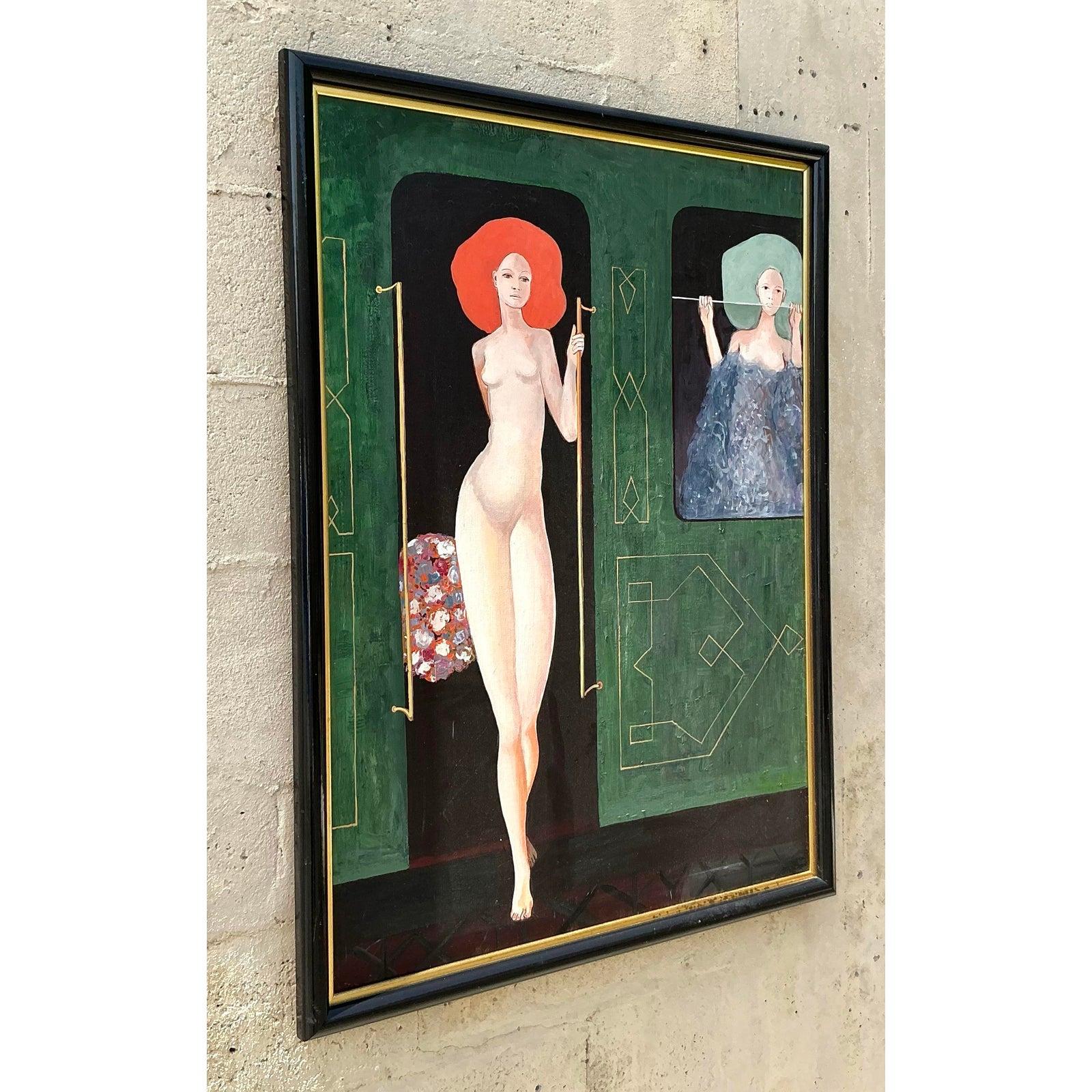 Vintage Boho Original figurative Ölgemälde auf Leinwand (Moderne) im Angebot