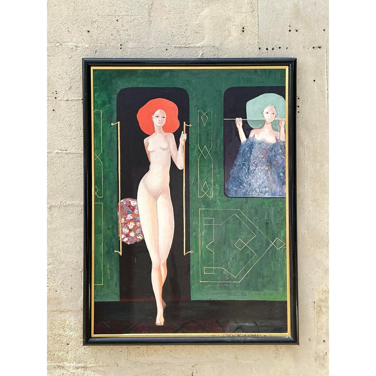 Vintage Boho Original figurative Ölgemälde auf Leinwand (amerikanisch) im Angebot