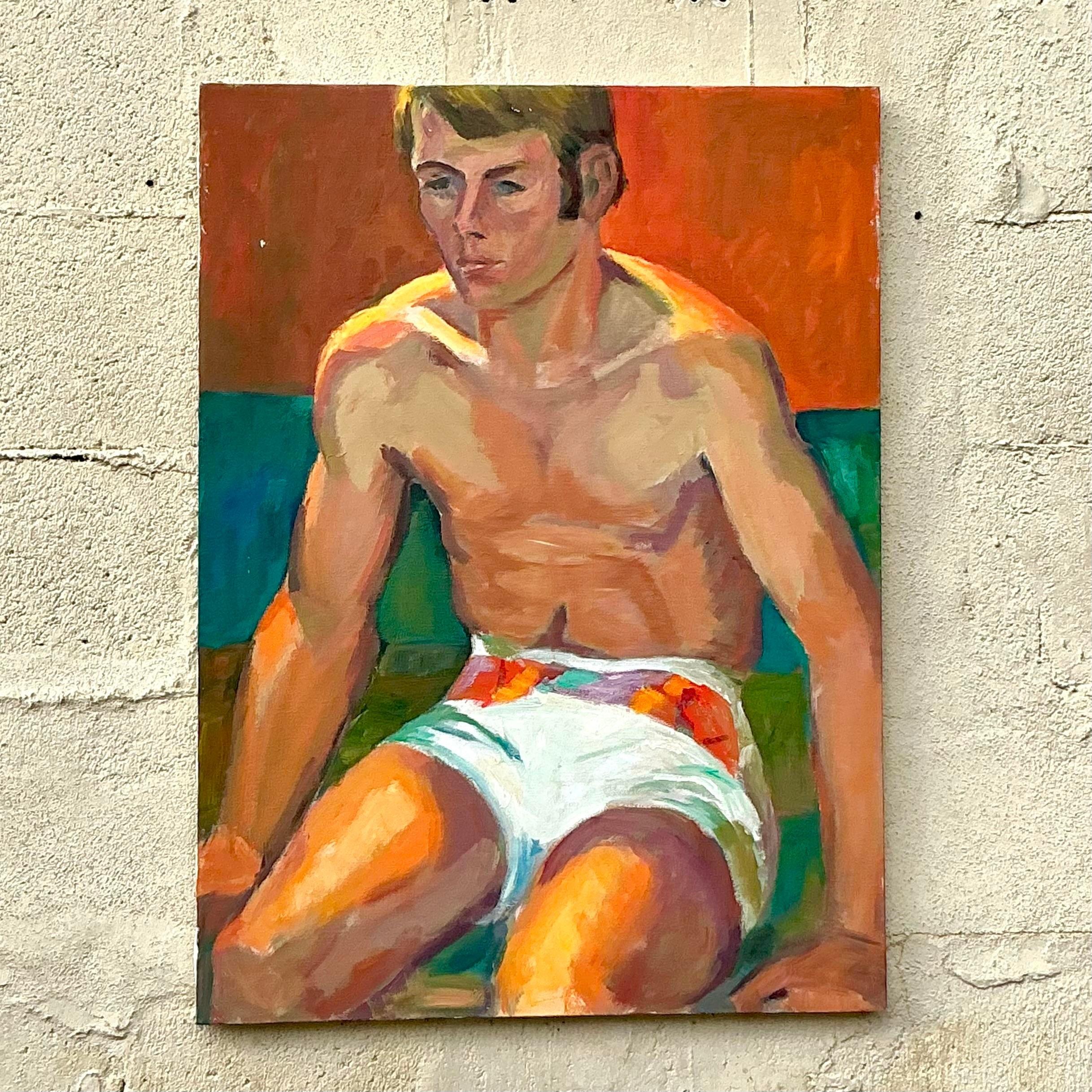 Vintage Boho Original figurative Ölgemälde auf Leinwand (20. Jahrhundert) im Angebot