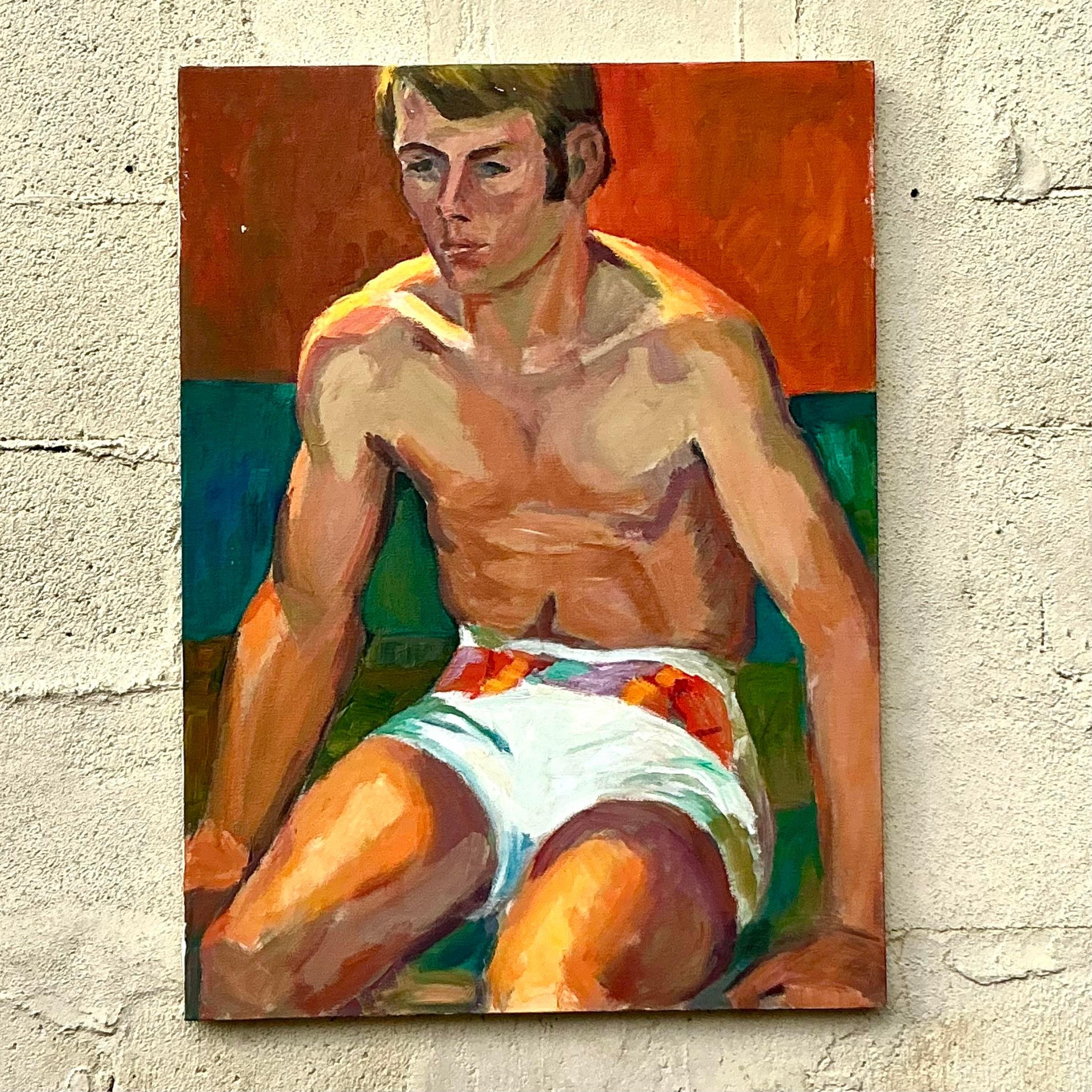 Vintage Boho Original figurative Ölgemälde auf Leinwand im Angebot 1