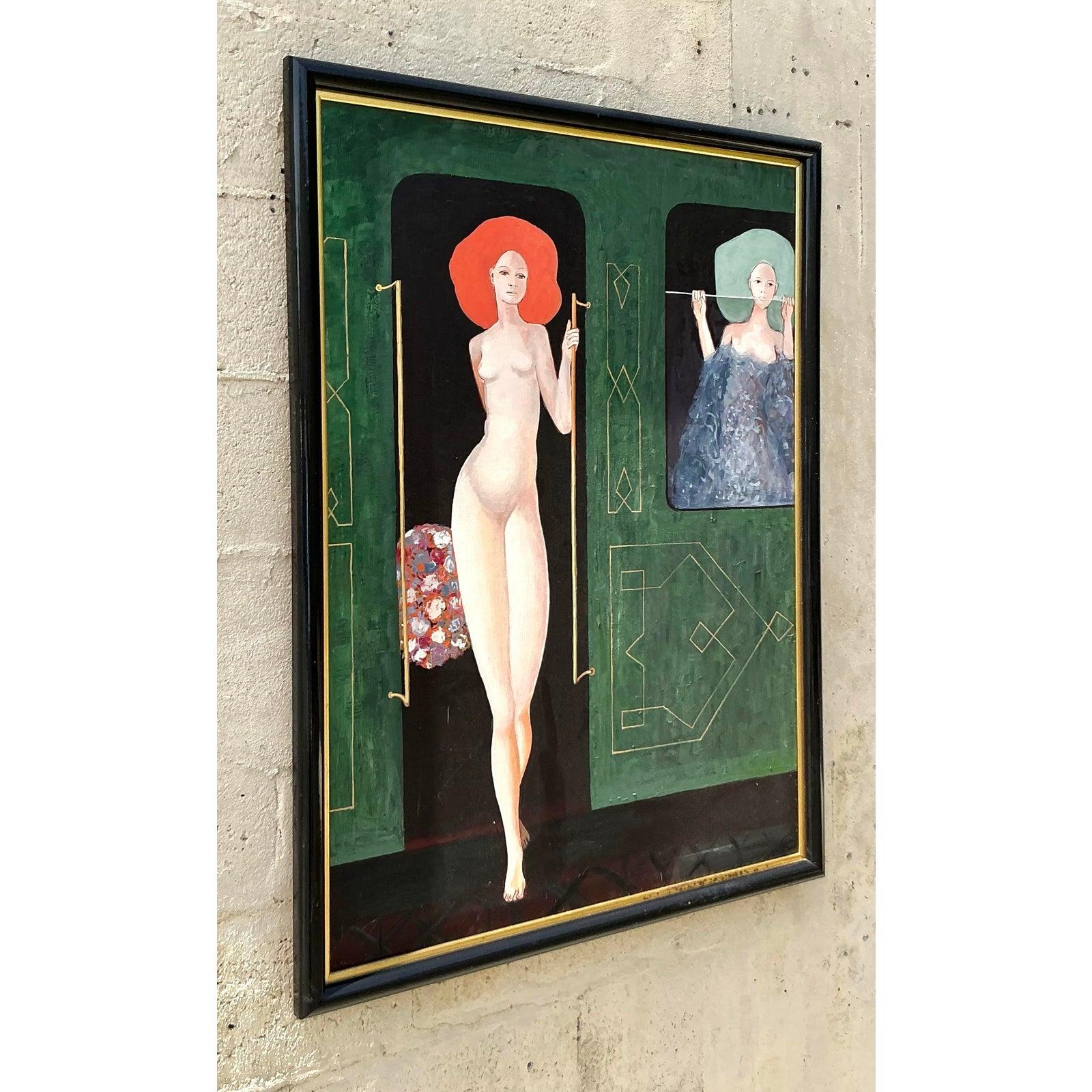 Vintage Boho Original figurative Ölgemälde auf Leinwand (20. Jahrhundert) im Angebot