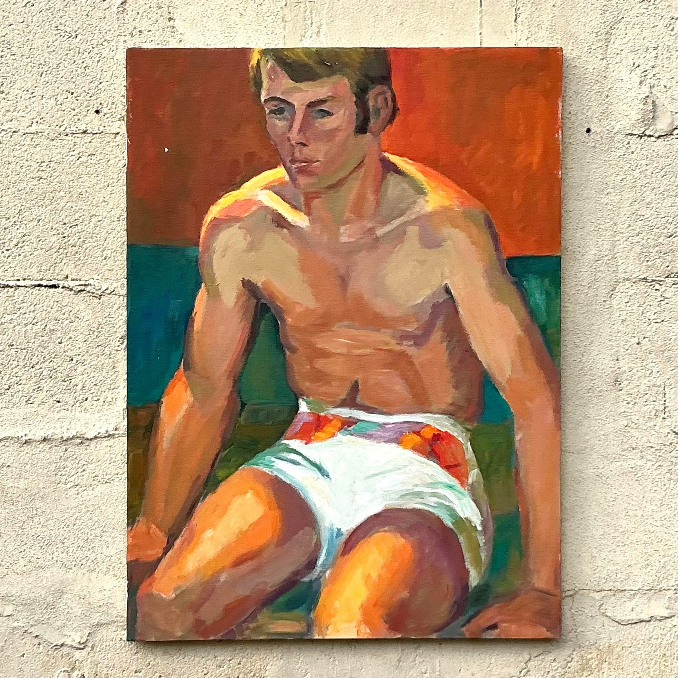 Vintage Boho Original figurative Ölgemälde auf Leinwand im Angebot 2