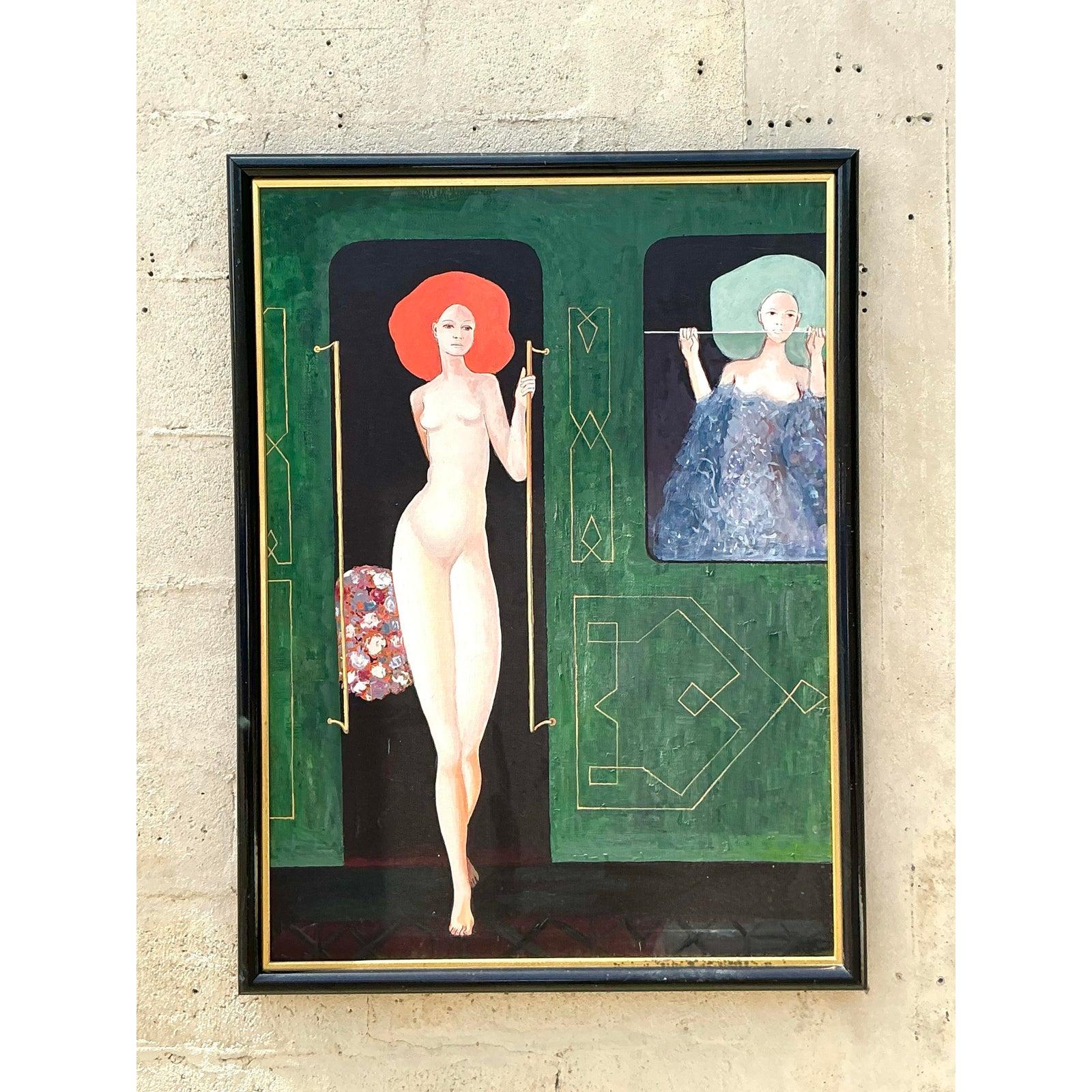 Vintage Boho Original figurative Ölgemälde auf Leinwand im Angebot 1