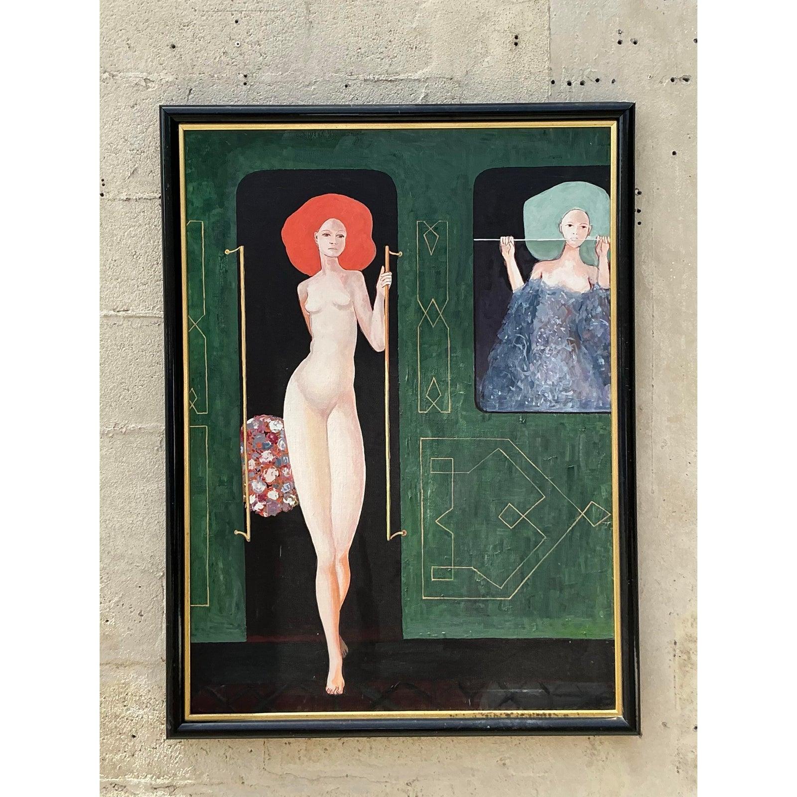 Vintage Boho Original figurative Ölgemälde auf Leinwand im Angebot 2