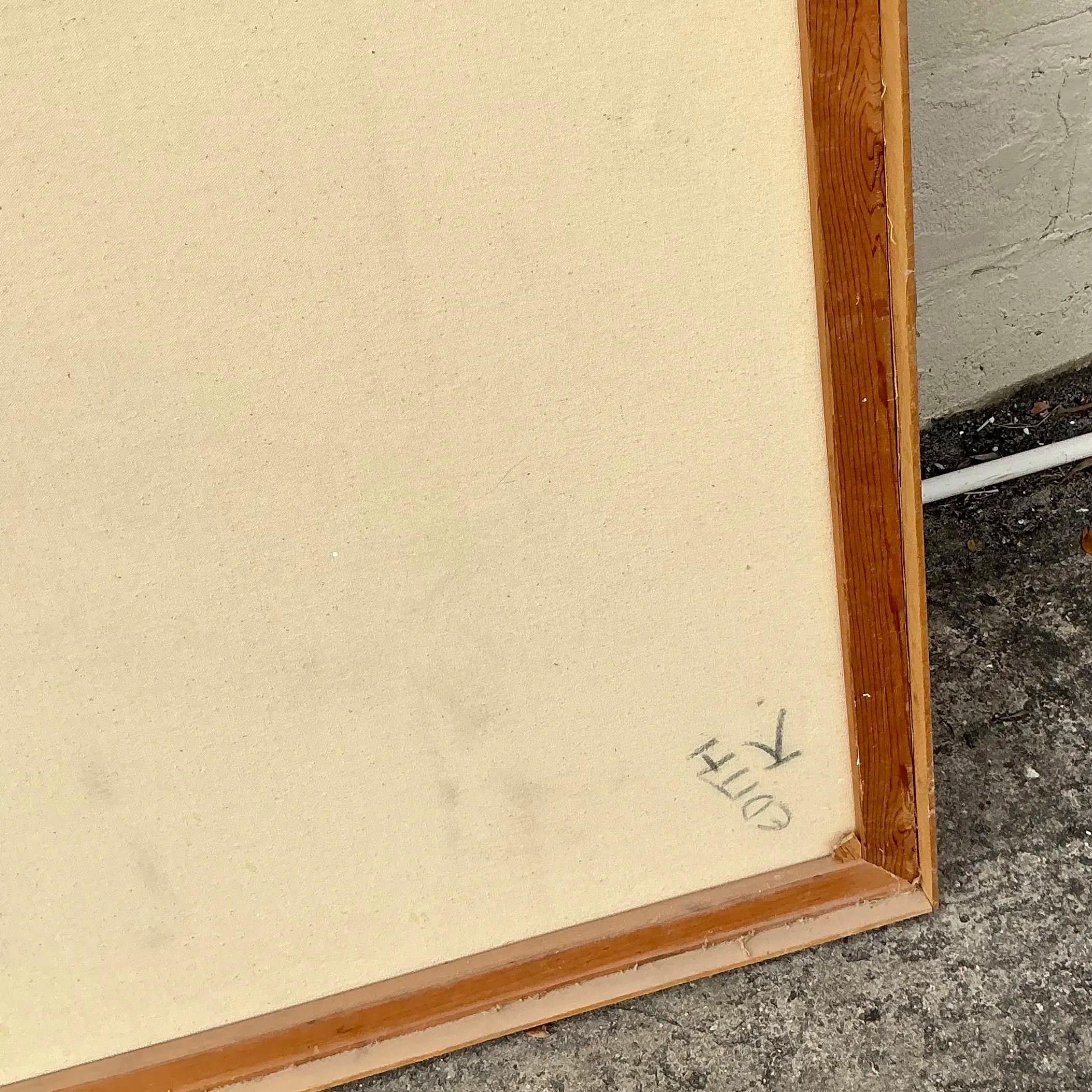 Questo eccezionale dipinto a olio boho d'epoca ritrae una figura contemplativa seduta, avvolta in un'audace tunica colorata con sorprendenti motivi geometrici. Le pennellate espressive e la ricca texture dell'opera catturano magnificamente il