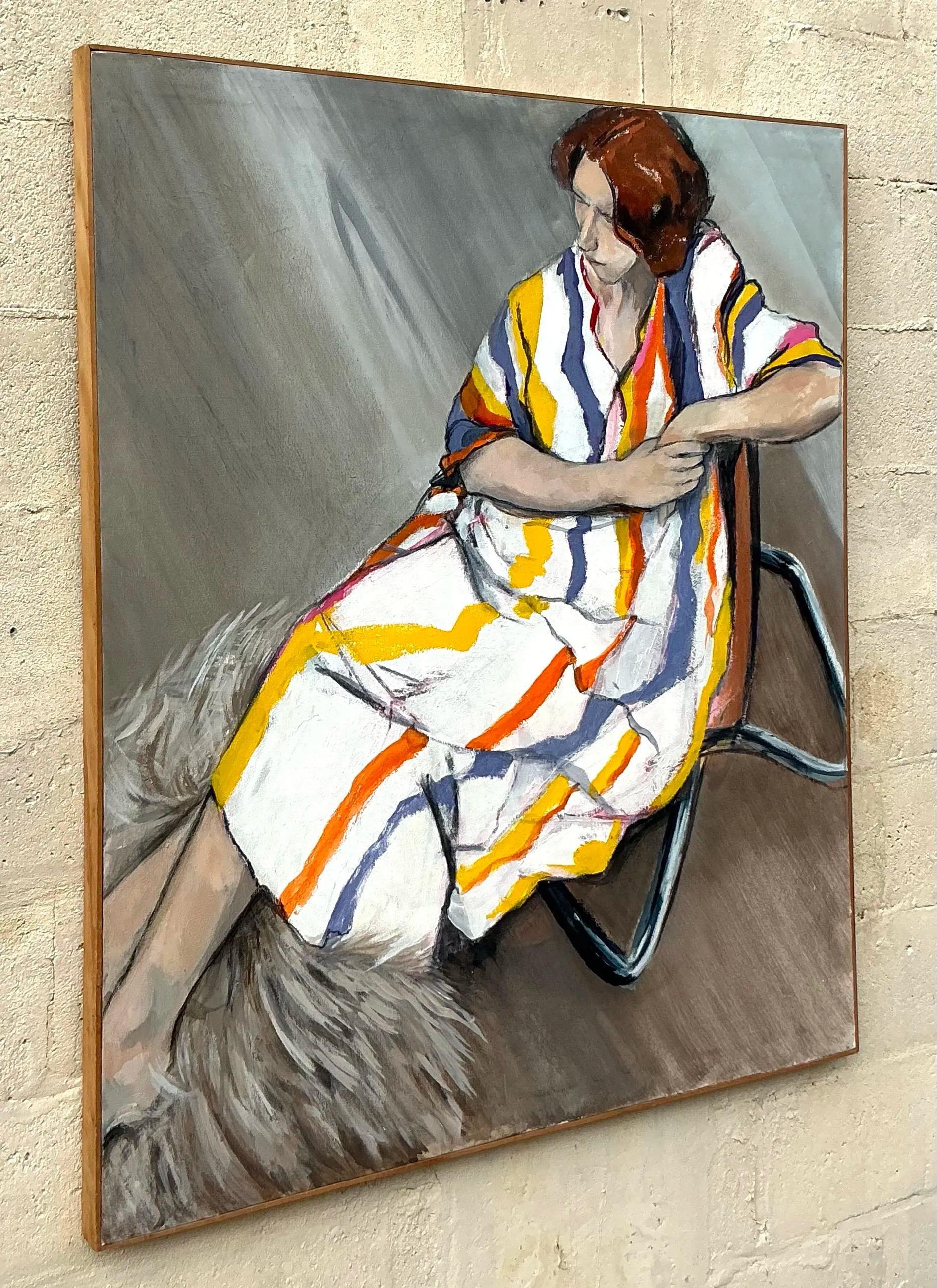 Tela Ritratto figurativo originale su tela in stile boho d'epoca in vendita