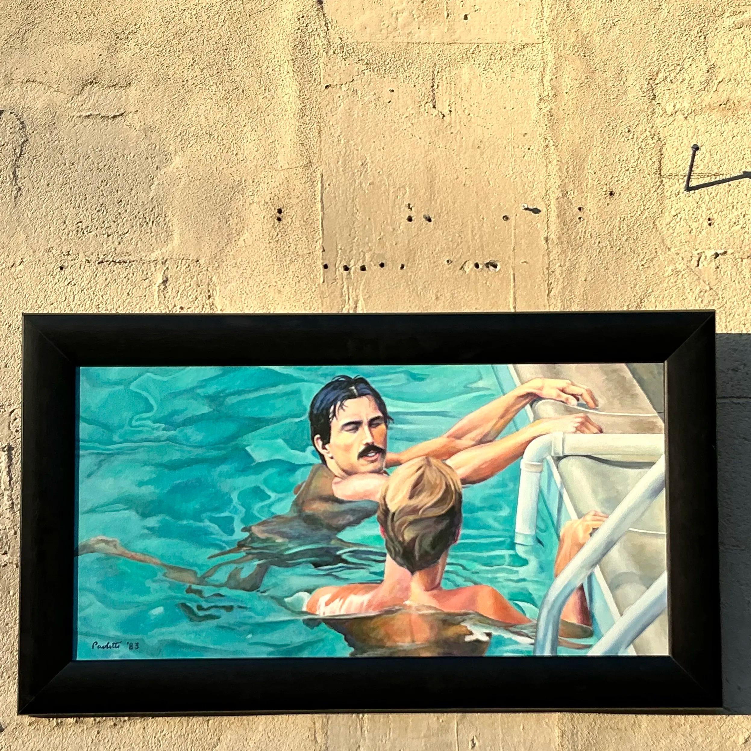 Halten Sie einen zeitlosen Moment mit diesem figurativen Vintage-Boho-Gemälde auf Leinwand fest. Mit der detaillierten Darstellung von zwei Figuren in einem Swimmingpool strahlt das Kunstwerk eine ruhige und entspannte Atmosphäre aus, die jedem Raum