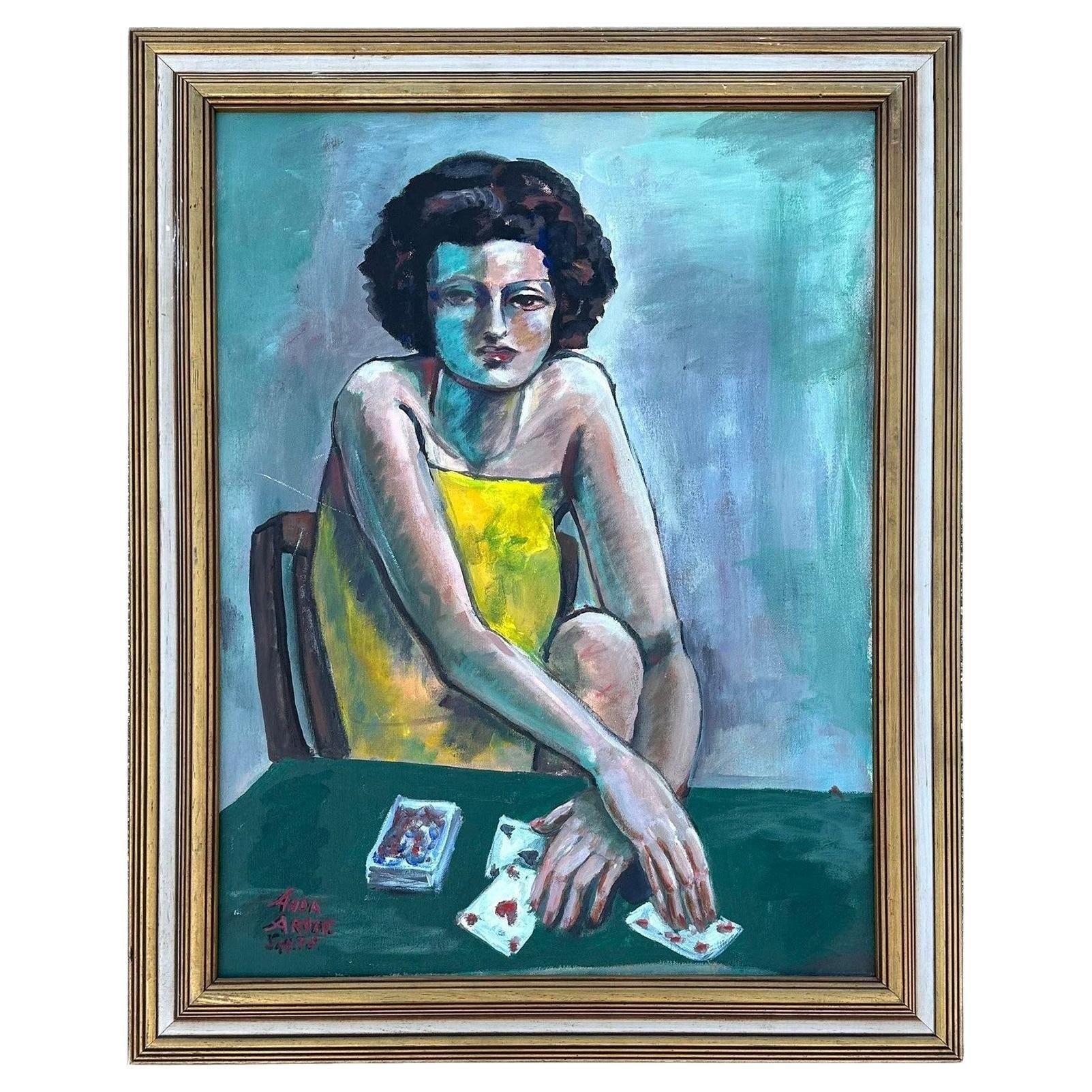 Vintage Boho Original Figure Oil Painting on Canvas For Sale at 1stDibs
