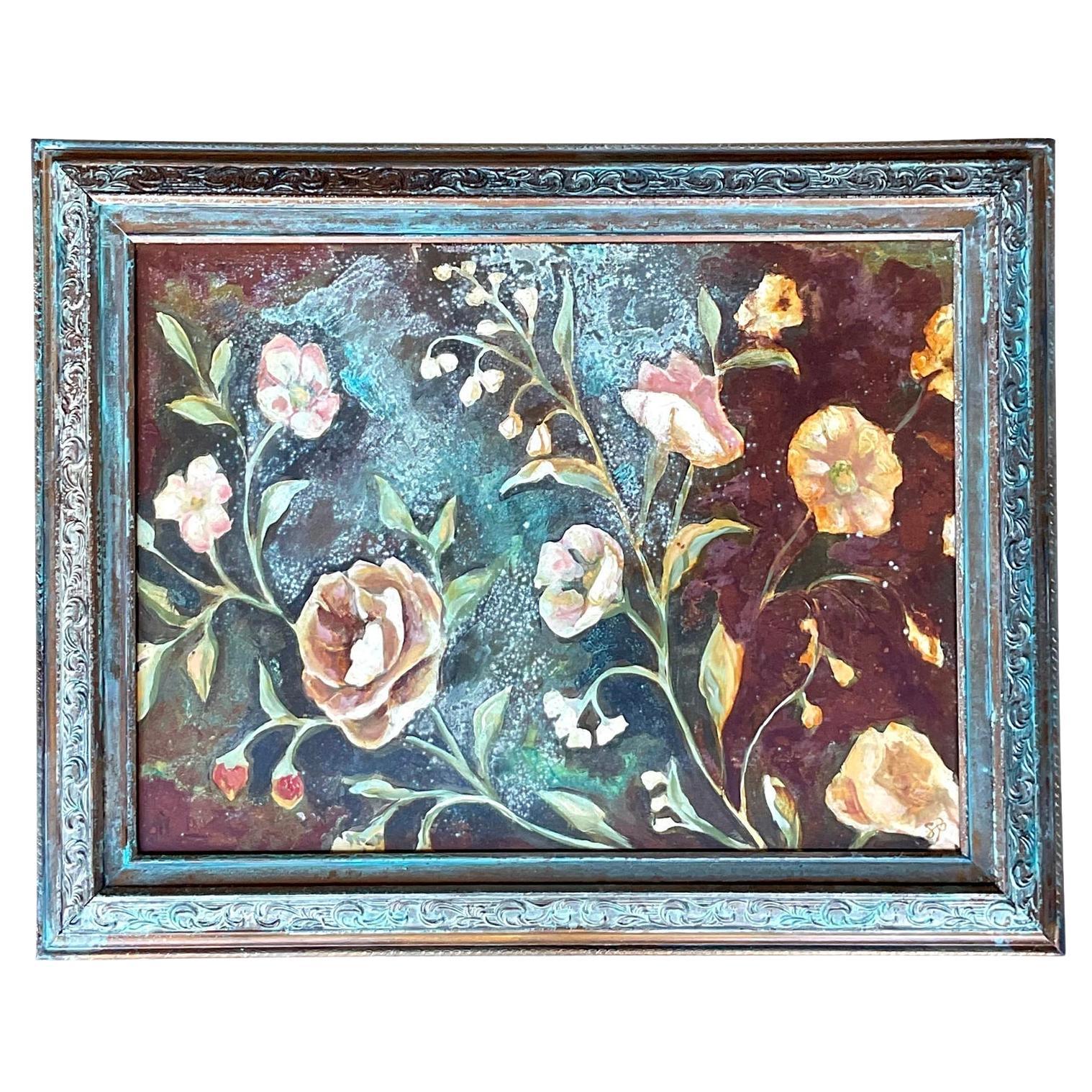 Vintage Boho Original Floral Ölgemälde auf Board