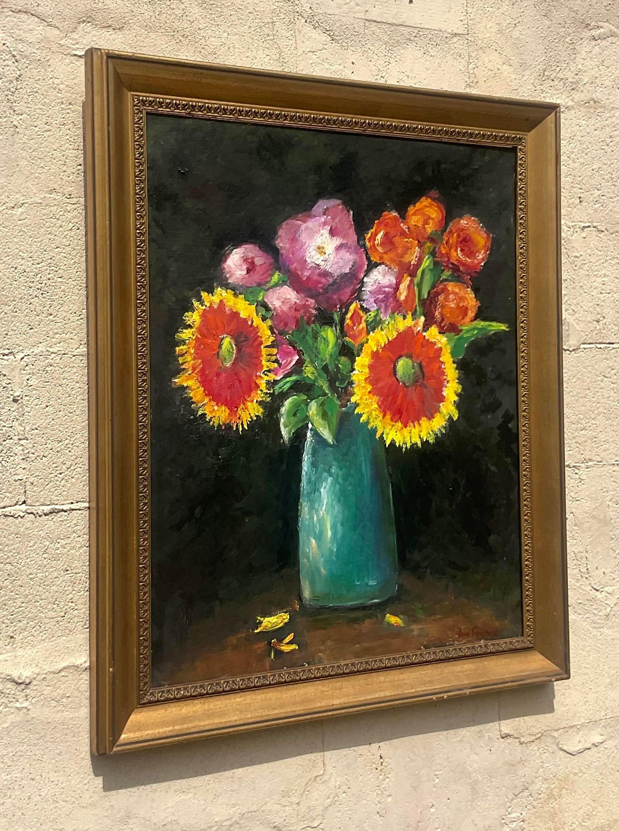 A fantastic vintage Boho original oil painting on canvas. A chic floral composition with bright clear colors. Signed by the artist. Acquired from a Palm Beach estate. 