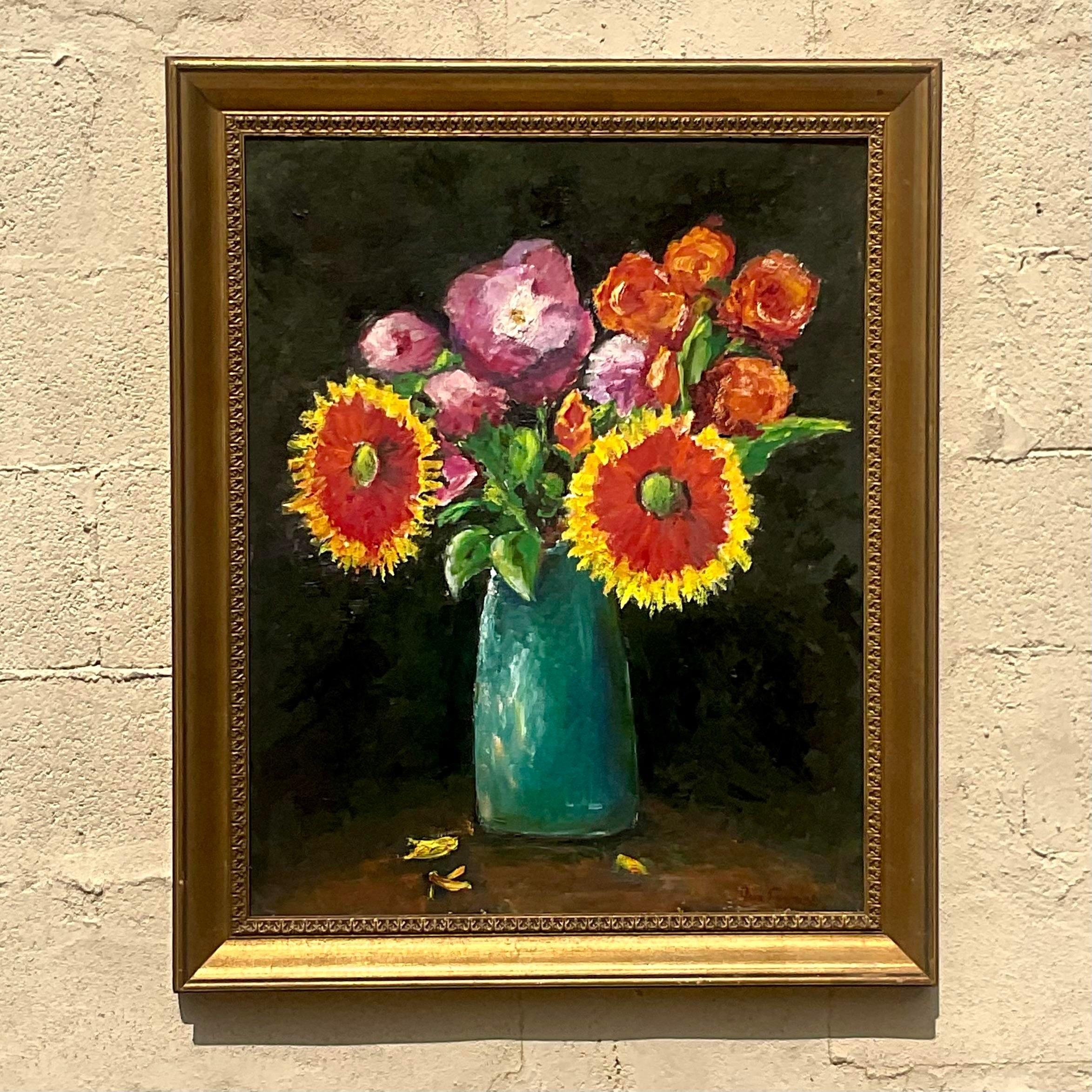 American Vintage Boho Original Floral Oil Painting on Canvas For Sale