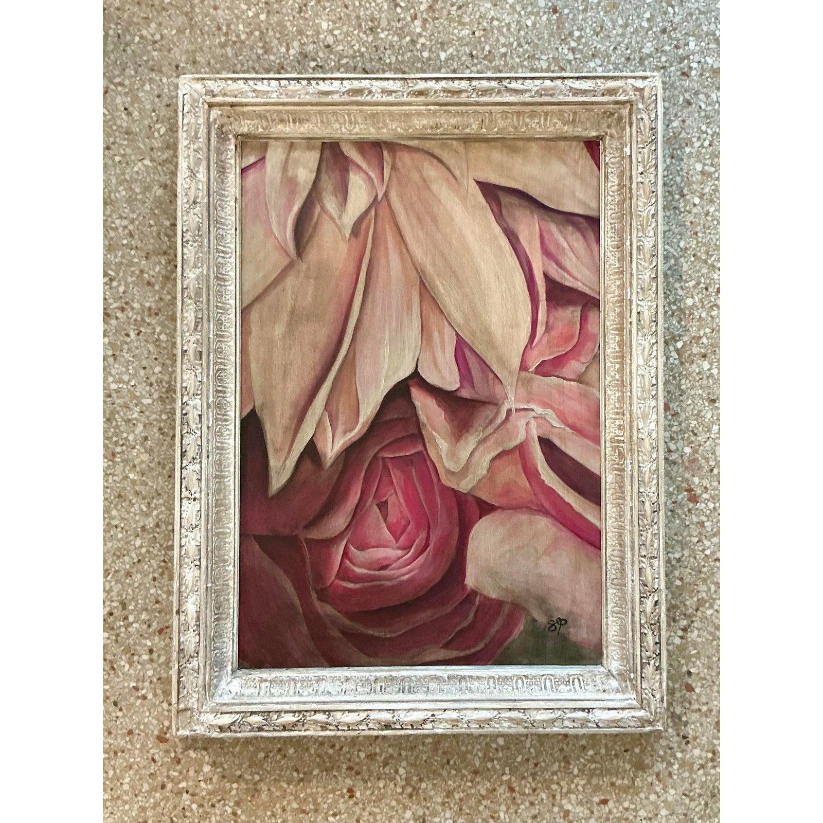 Vintage Boho Original Floral Oil Painting on Canvas For Sale at 1stDibs