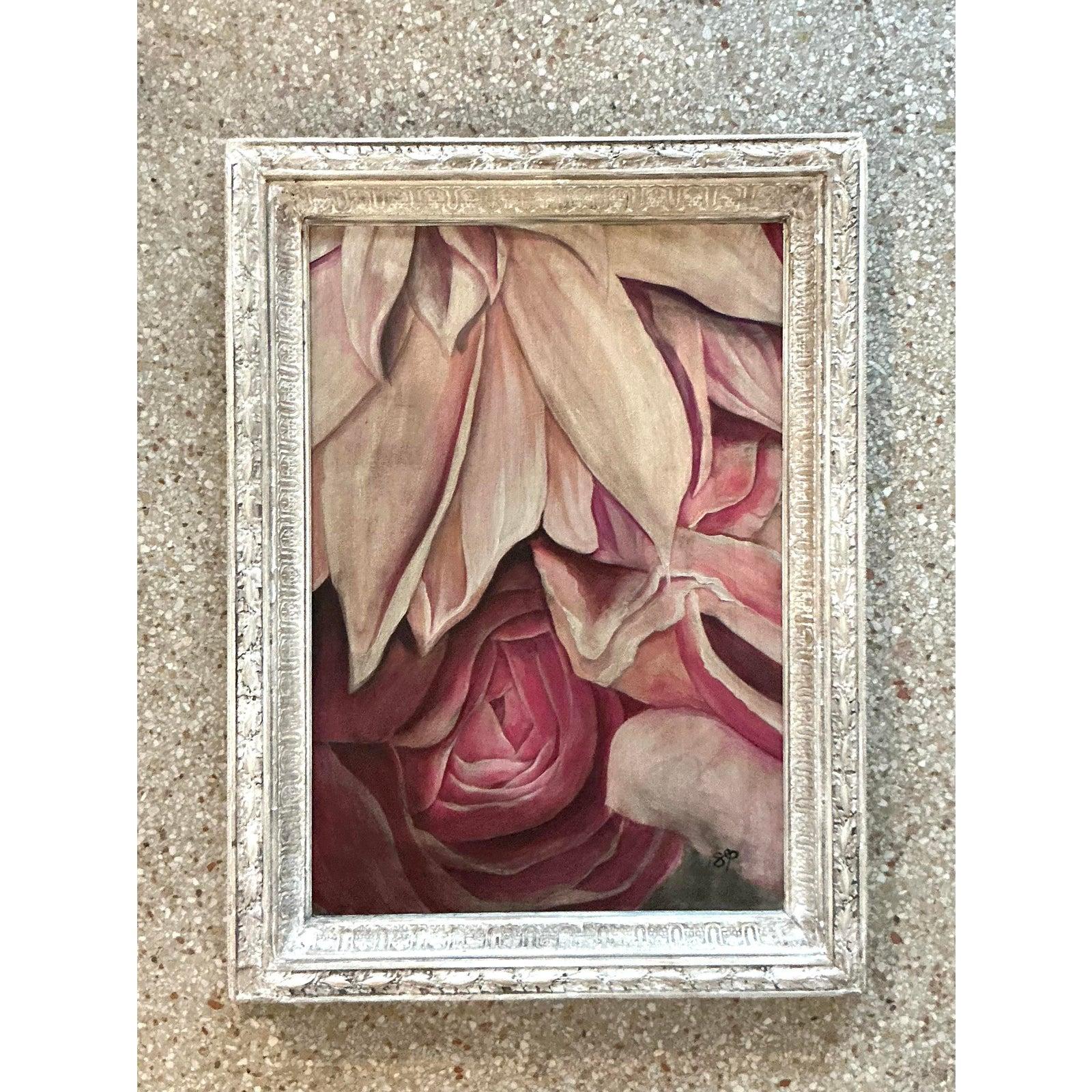 Vintage Boho Original Floral Oil Painting on Canvas For Sale at 1stDibs