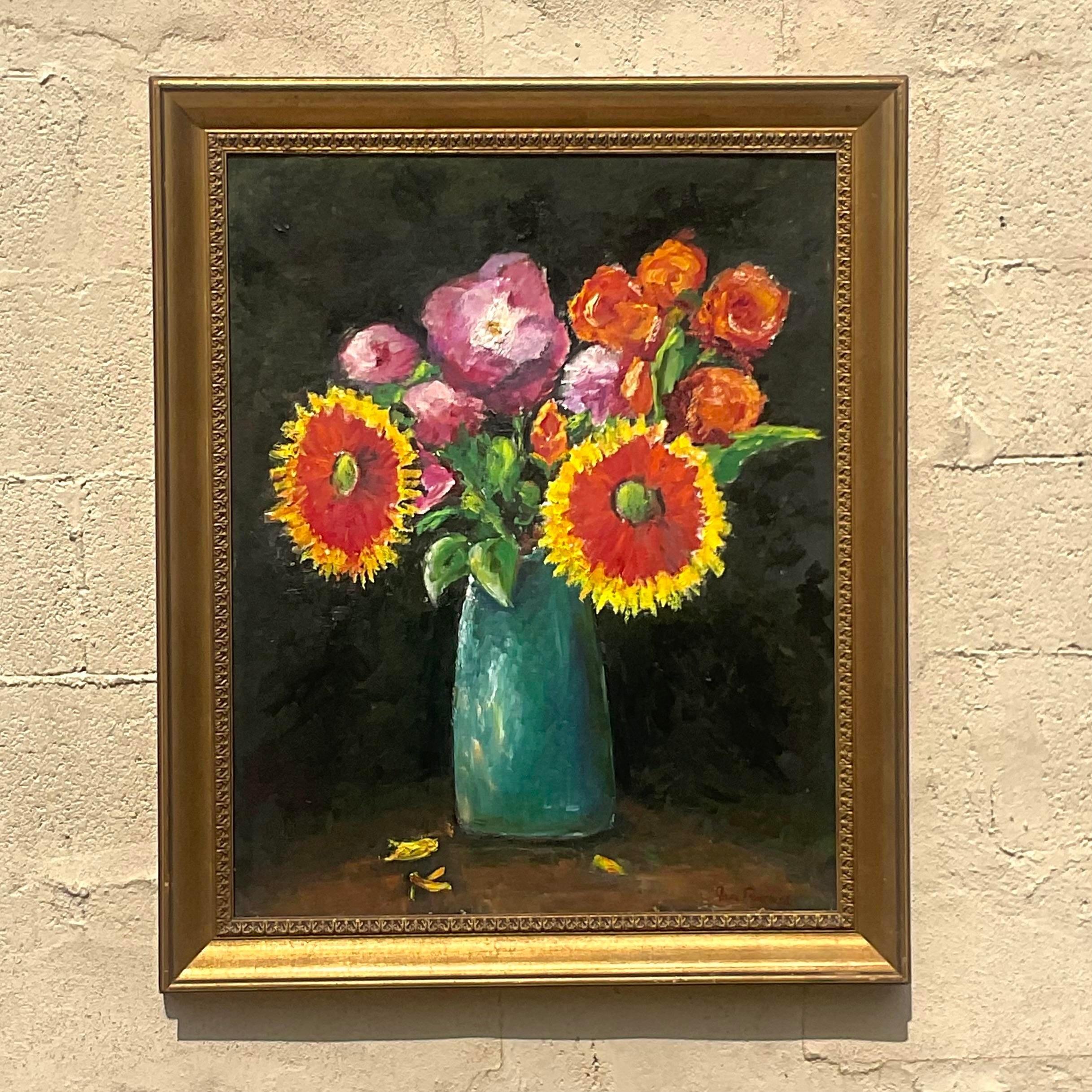 20th Century Vintage Boho Original Floral Oil Painting on Canvas For Sale