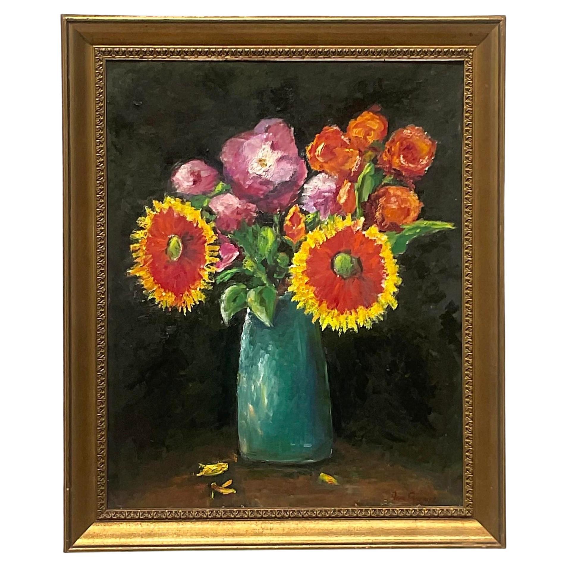 Vintage Boho Original Floral Oil Painting on Canvas For Sale