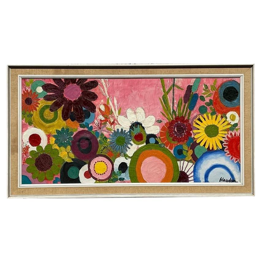 Pittura ad olio originale floreale su tela Vintage By