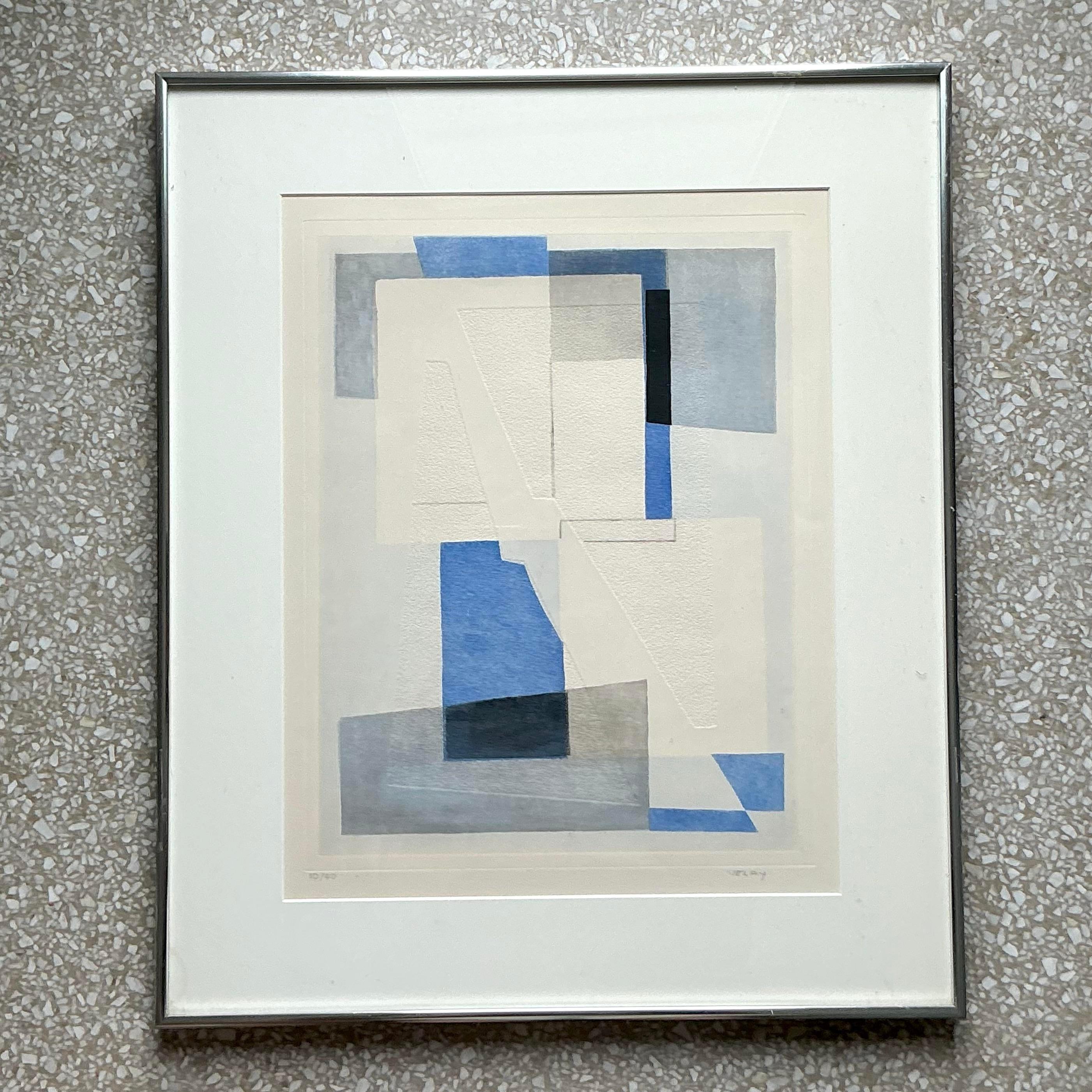 20ième siècle Lithographie abstraite géométrique originale de Boho teinte à la main sur papier en vente